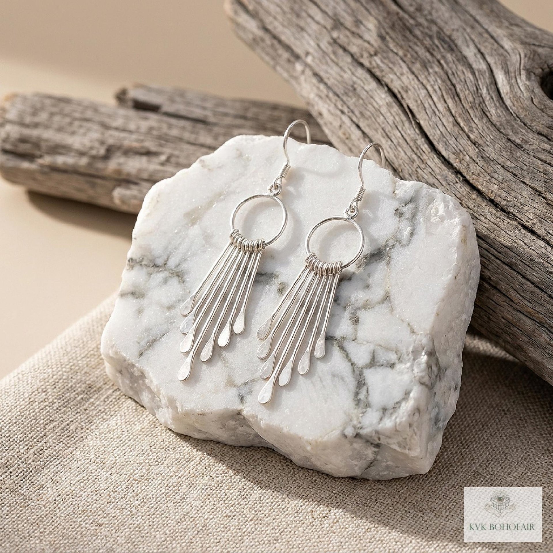 Sterling Silver Fringe Paddle Earrings, Handcrafted Boho Dangles, Unique Metallic Statement Drops