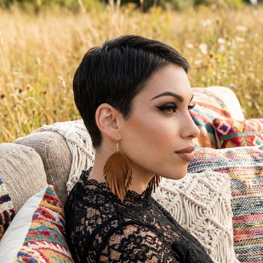 Handcrafted Brown Suede Feather Earrings, Layered Fringe Drops, Gold Plated Boho Statement Dangles