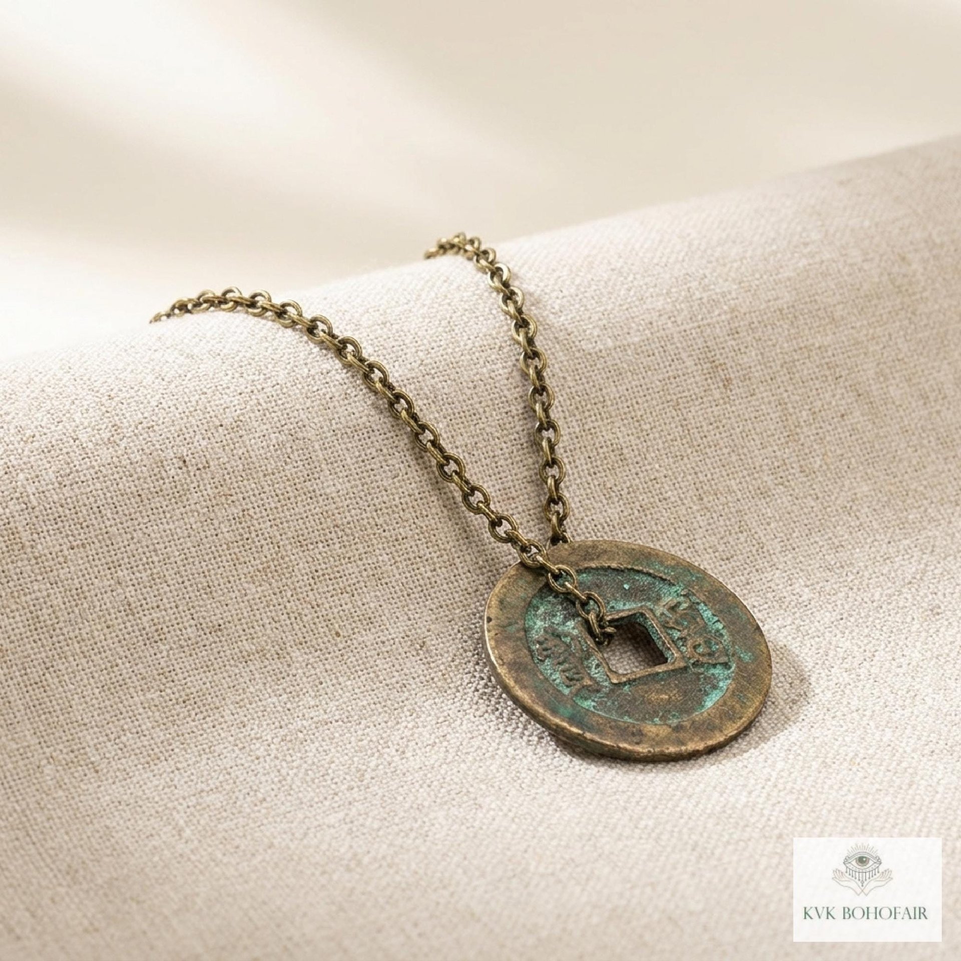 Antique Chinese Cash Coin Necklace, Feng Shui Good Fortune Pendant