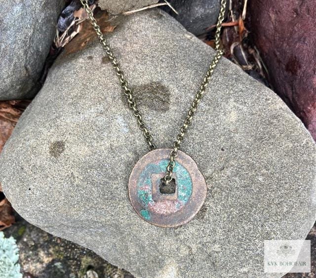 Antique Chinese Cash Coin Necklace, Feng Shui Good Fortune Pendant