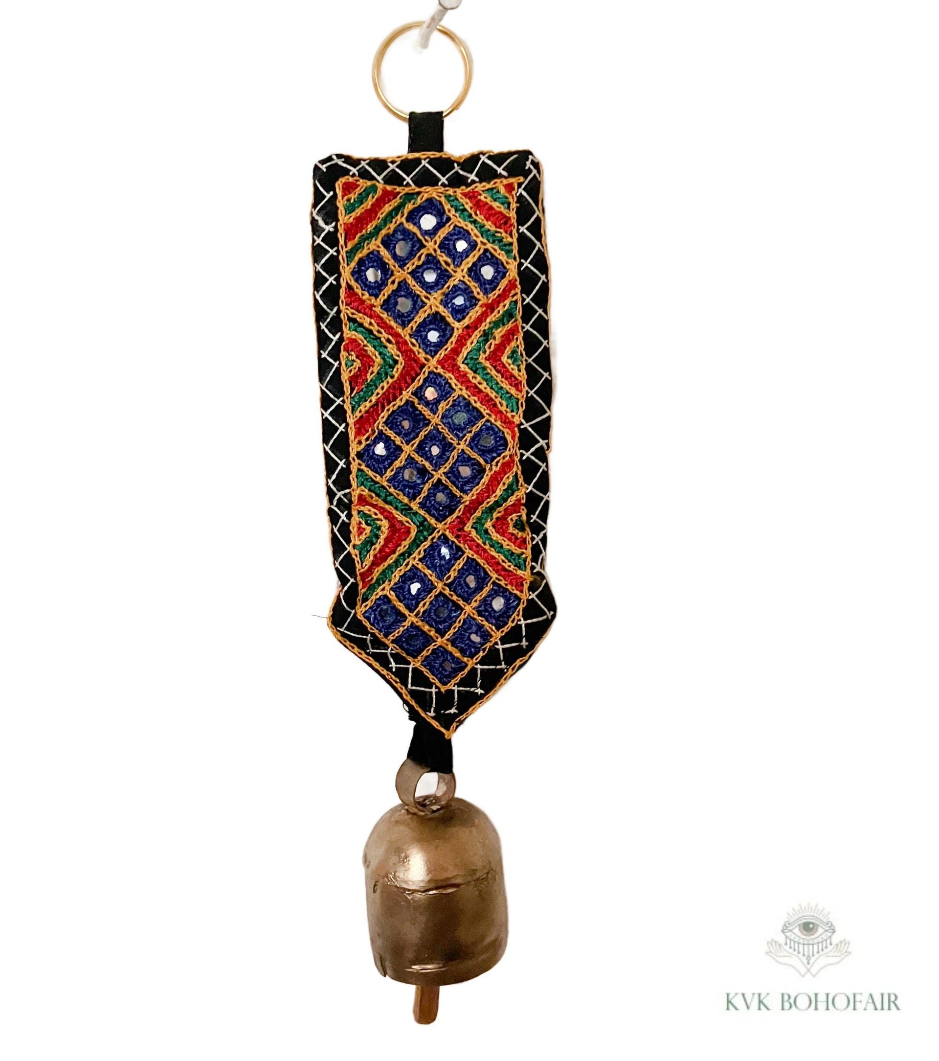 Boho Shisha Mirror Embroidery Fabric Banner Chime - Recycled Indian Wall Bell