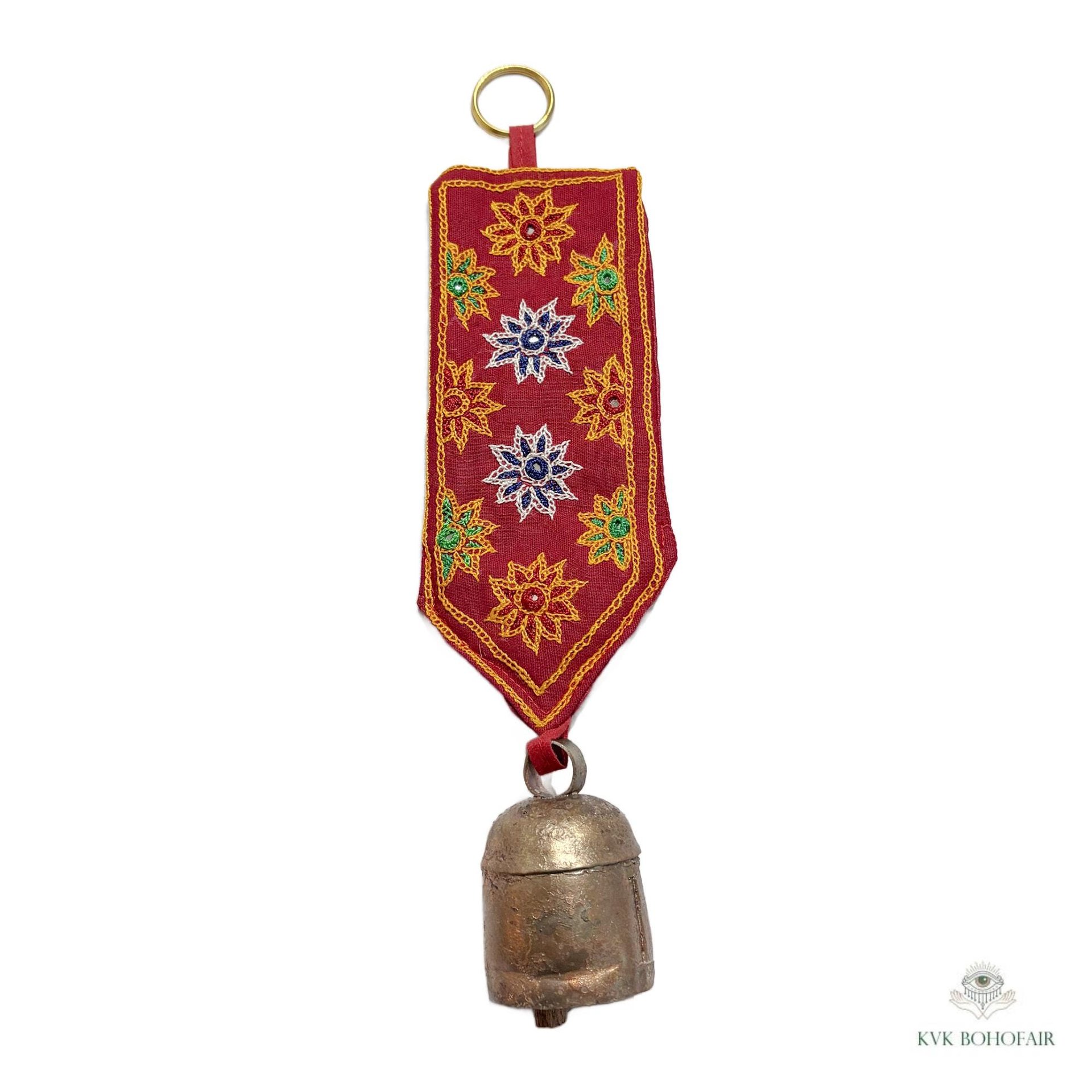 Boho Shisha Mirror Embroidery Fabric Banner Chime - Recycled Indian Wall Bell
