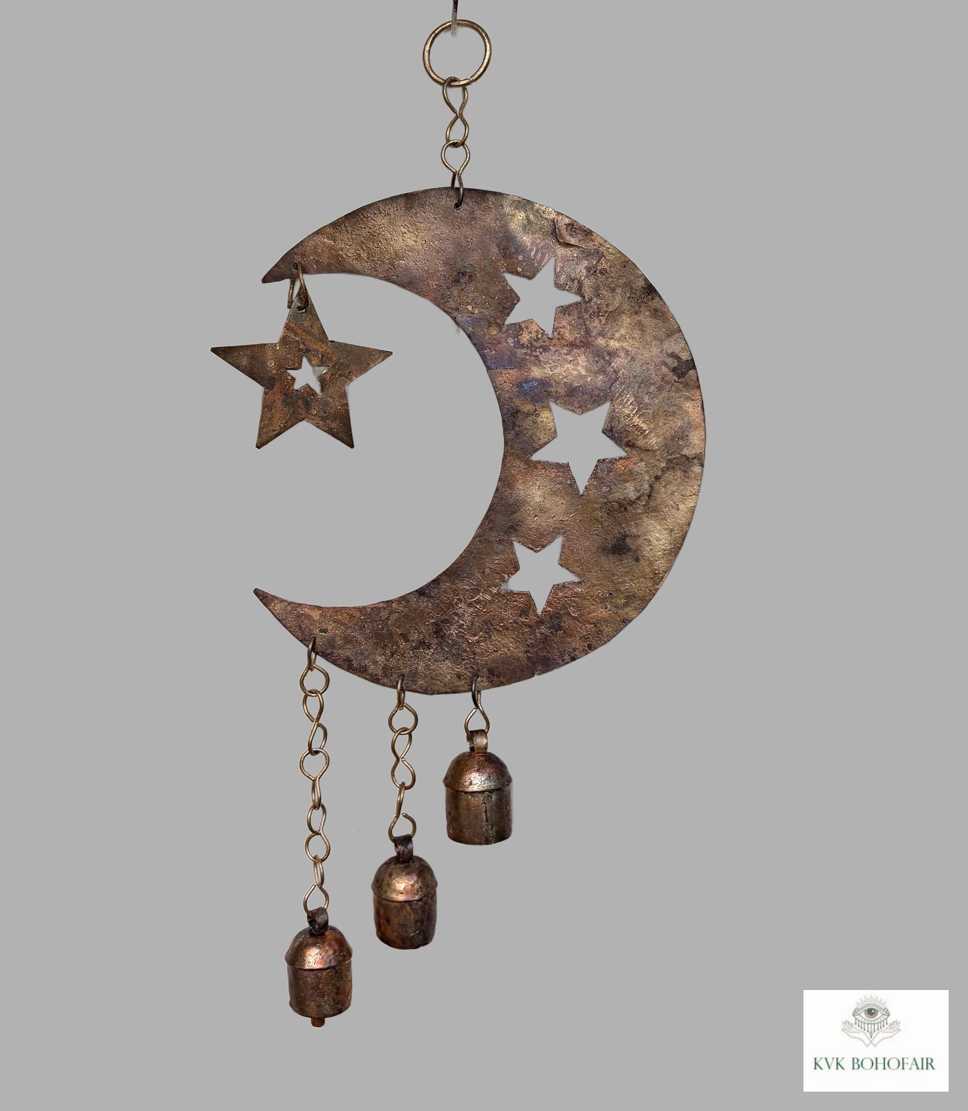Crescent Moon and Stars with Hanging Bells Windchime - Artisan Metal Garden Decor Brass Bells