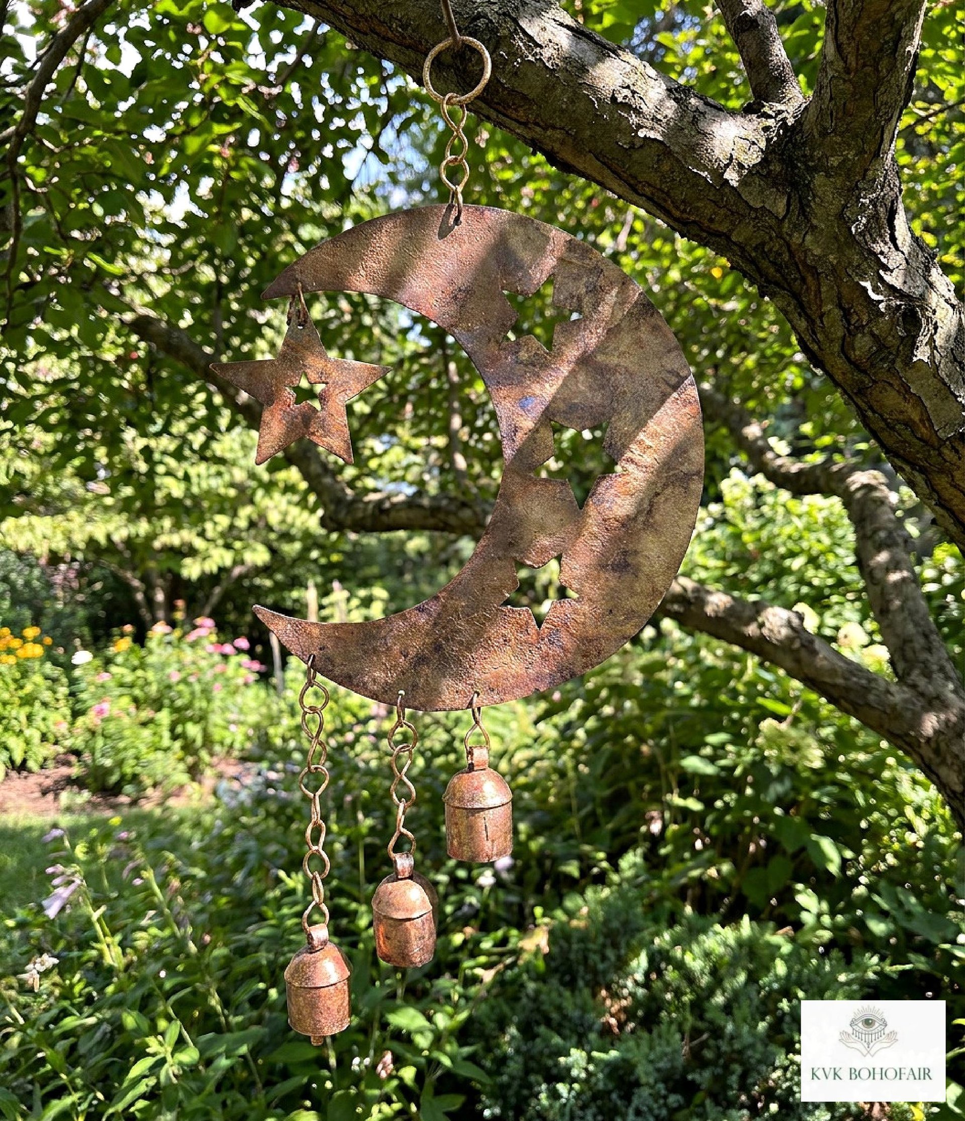 Crescent Moon and Stars with Hanging Bells Windchime - Artisan Metal Garden Decor Brass Bells