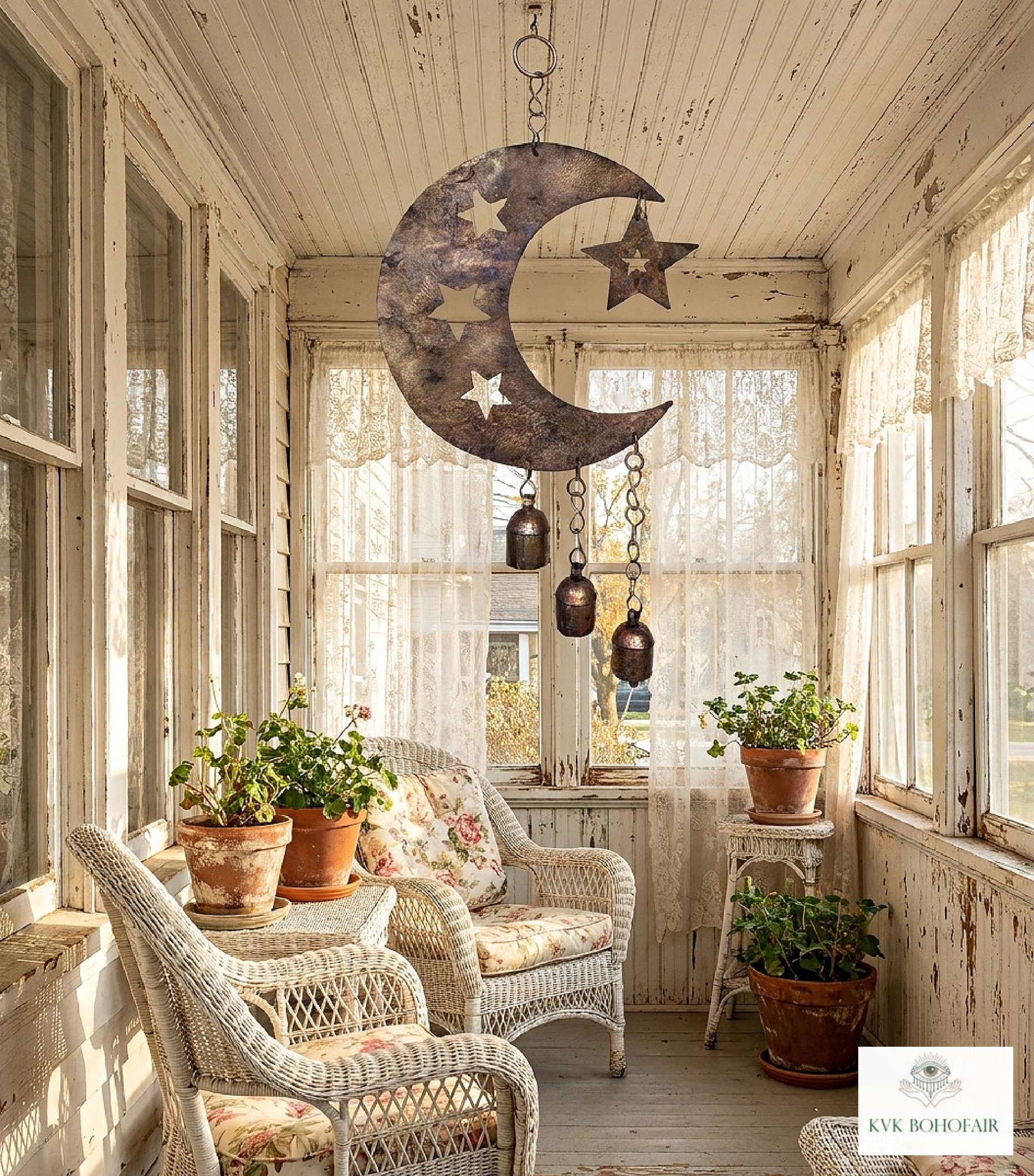 Crescent Moon and Stars with Hanging Bells Windchime - Artisan Metal Garden Decor Brass Bells