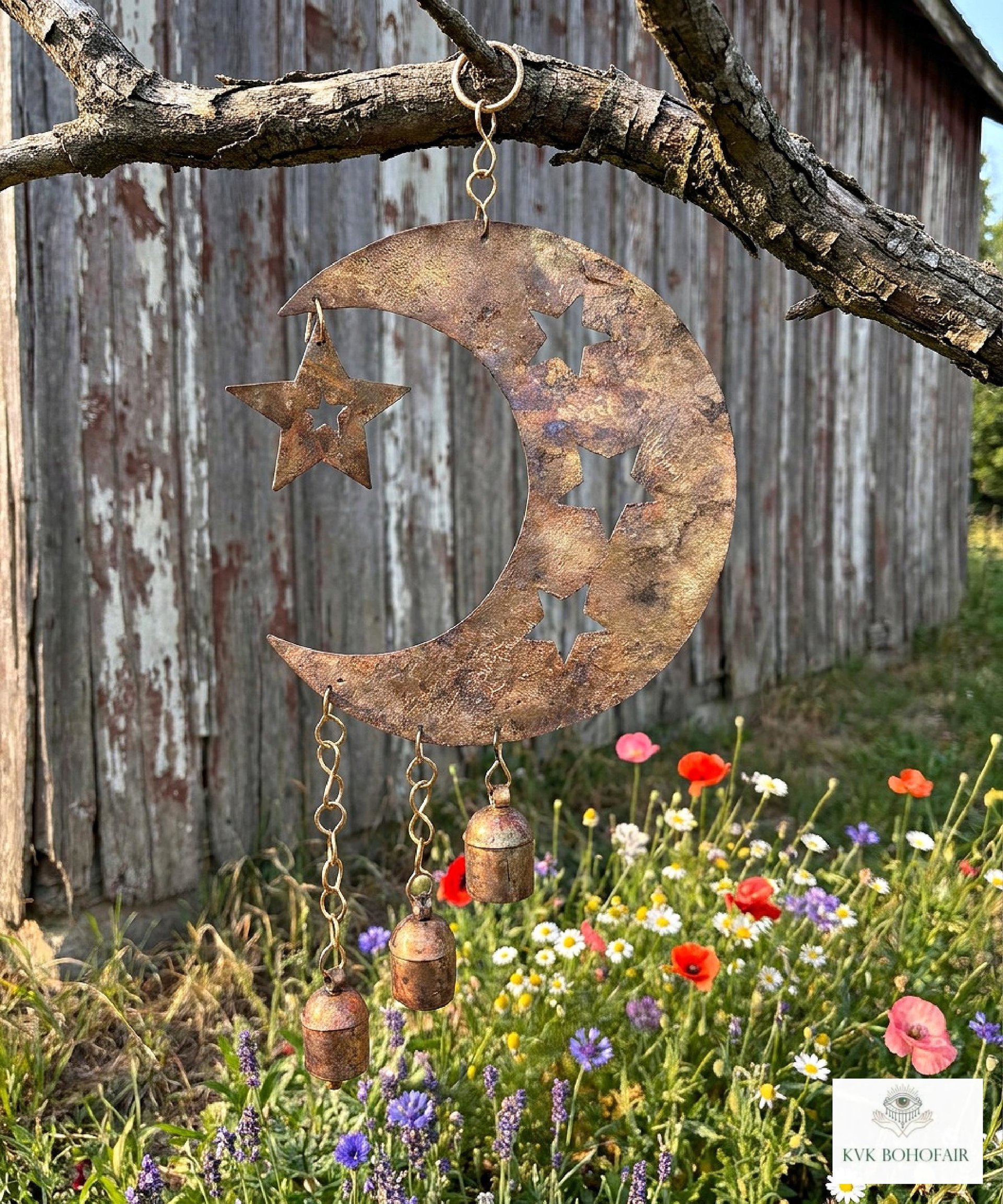 Crescent Moon and Stars with Hanging Bells Windchime - Artisan Metal Garden Decor Brass Bells