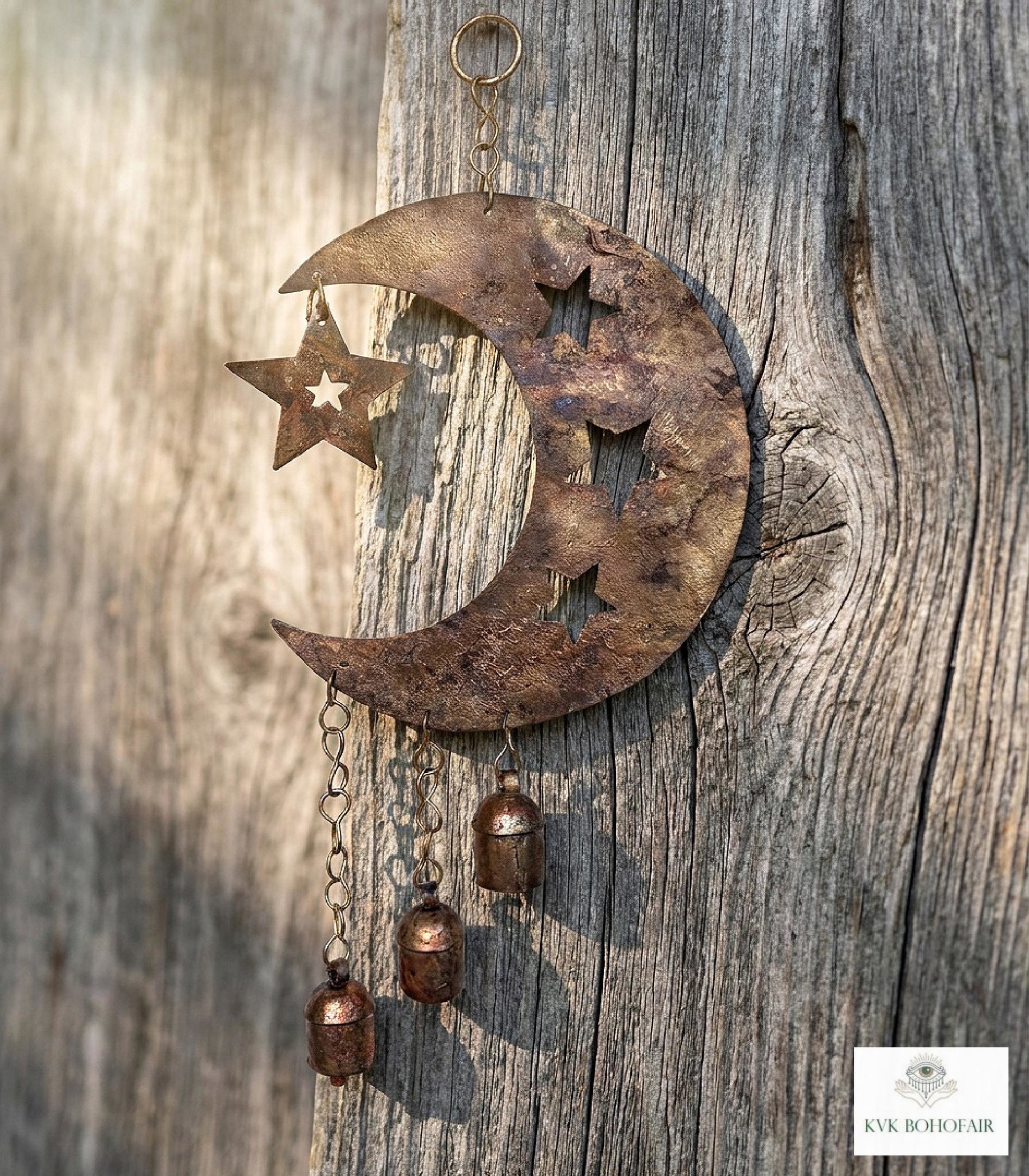 Crescent Moon and Stars with Hanging Bells Windchime - Artisan Metal Garden Decor Brass Bells