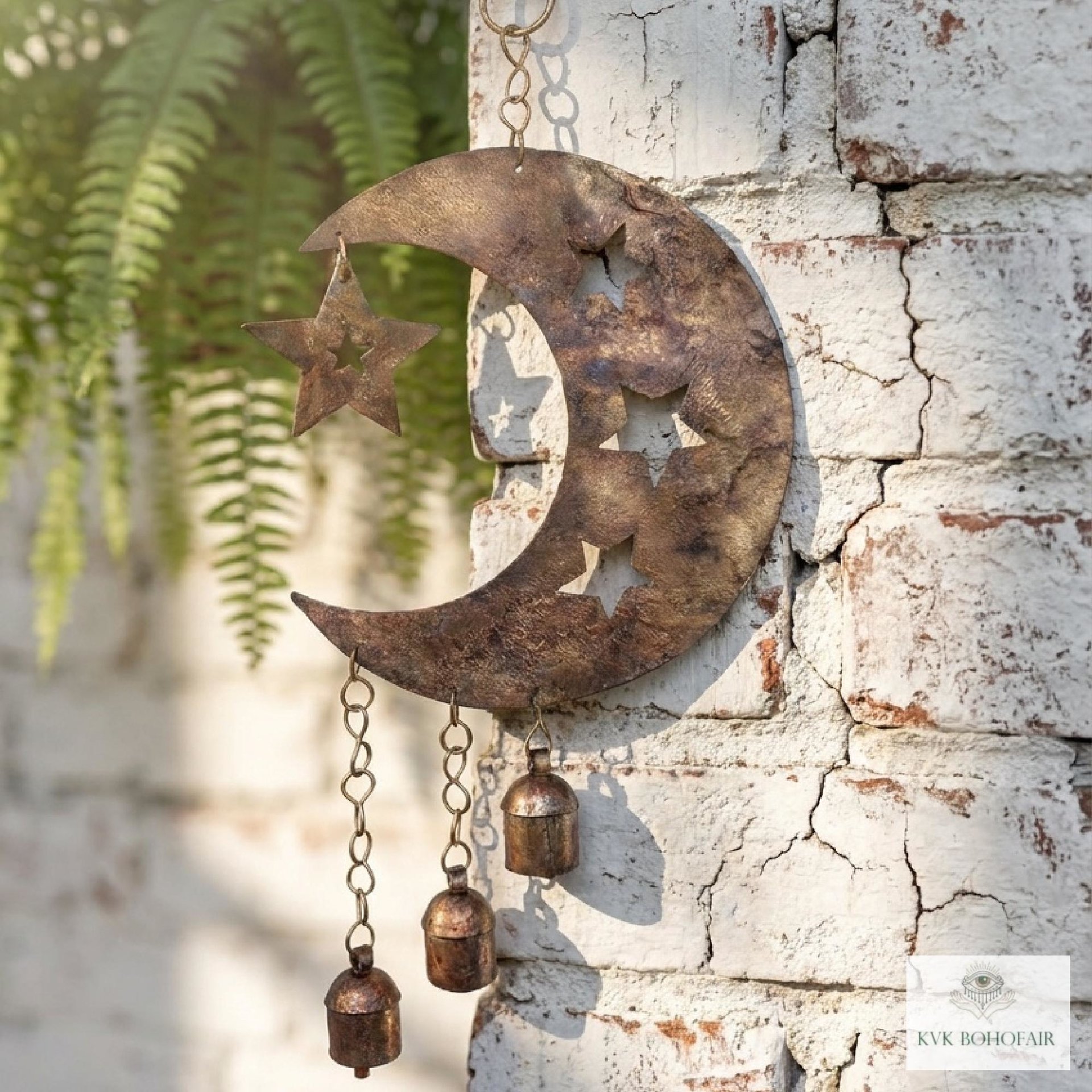 Crescent Moon and Stars with Hanging Bells Windchime - Artisan Metal Garden Decor Brass Bells
