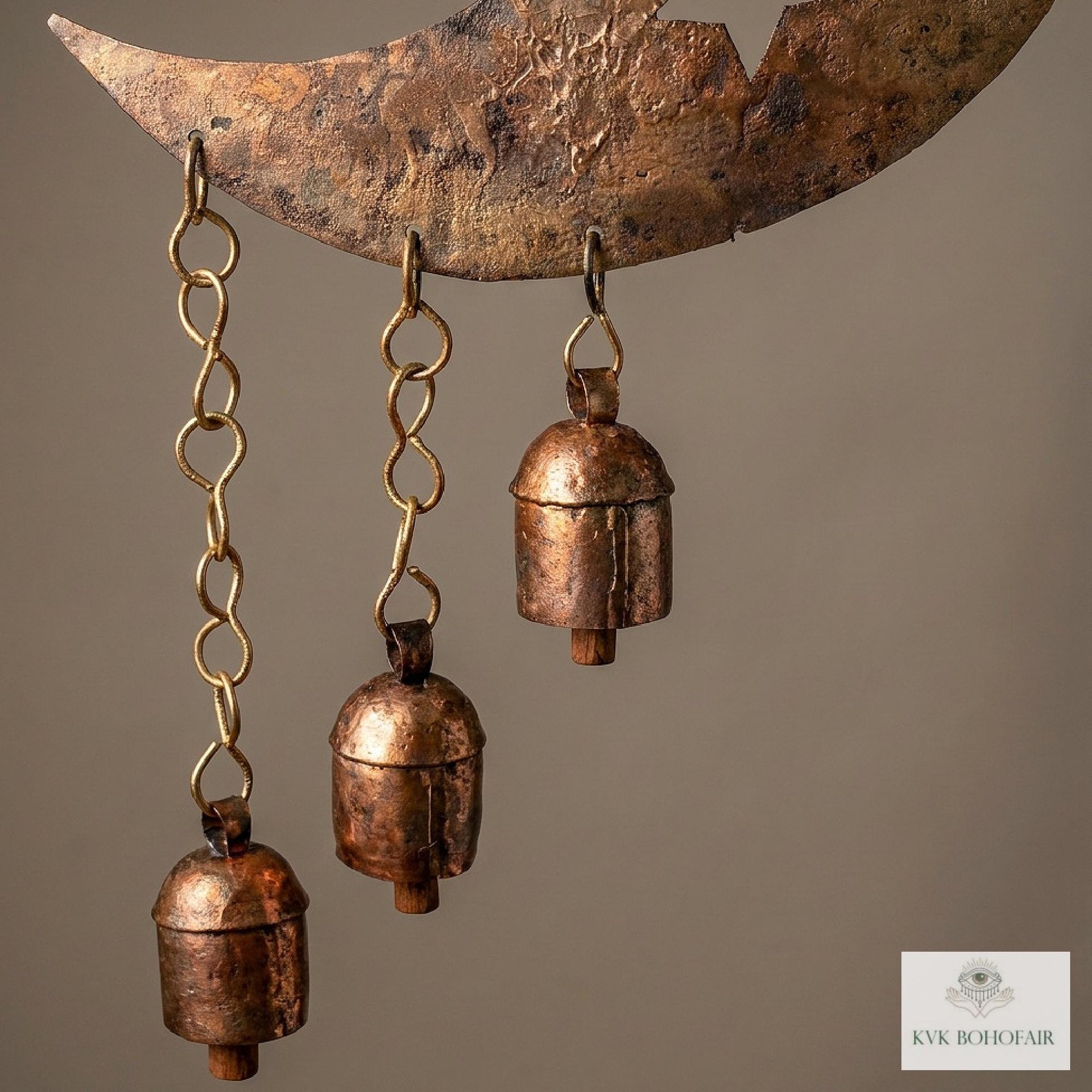 Crescent Moon and Stars with Hanging Bells Windchime - Artisan Metal Garden Decor Brass Bells