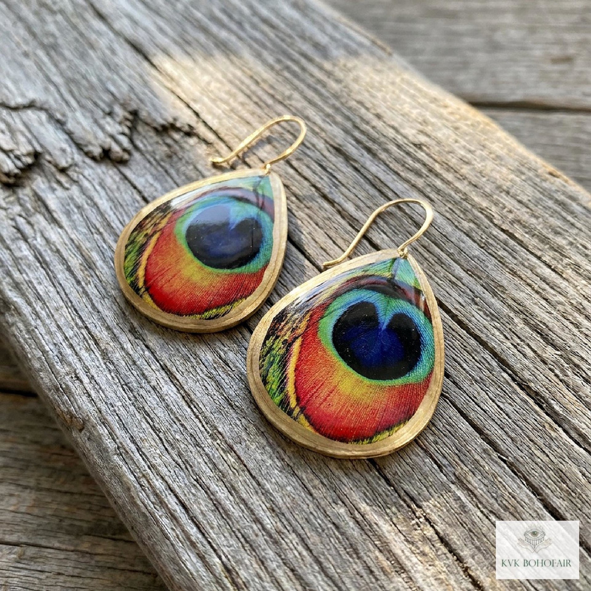 Peacock Feather Print Teardrop Earrings, Bohemian Gold Plated Dangles, Colorful Artisan Jewelry Drops