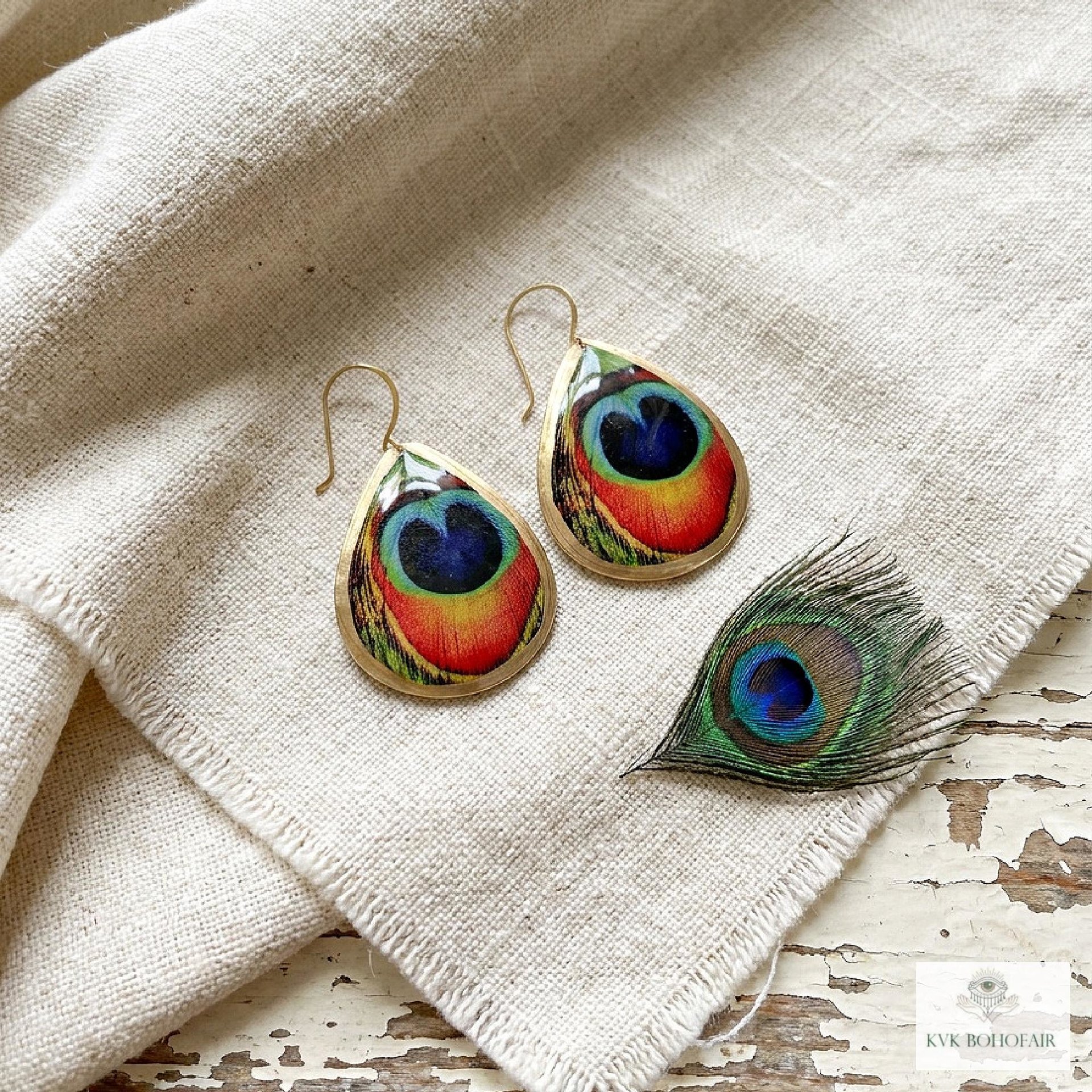 Peacock Feather Print Teardrop Earrings, Bohemian Gold Plated Dangles, Colorful Artisan Jewelry Drops