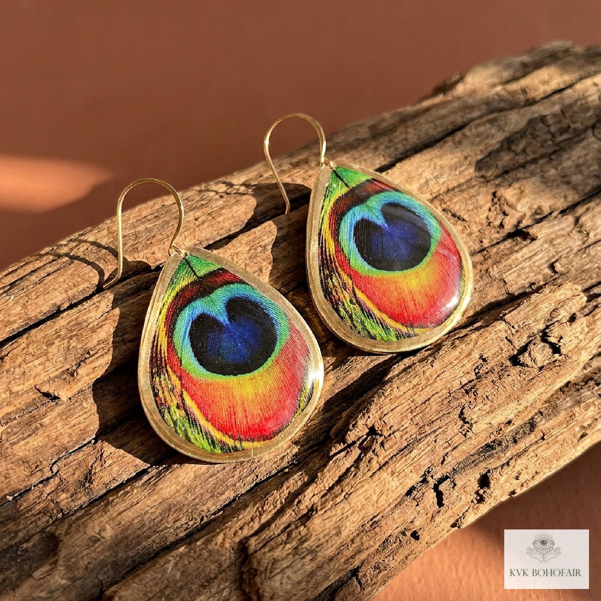 Peacock Feather Print Teardrop Earrings, Bohemian Gold Plated Dangles, Colorful Artisan Jewelry Drops