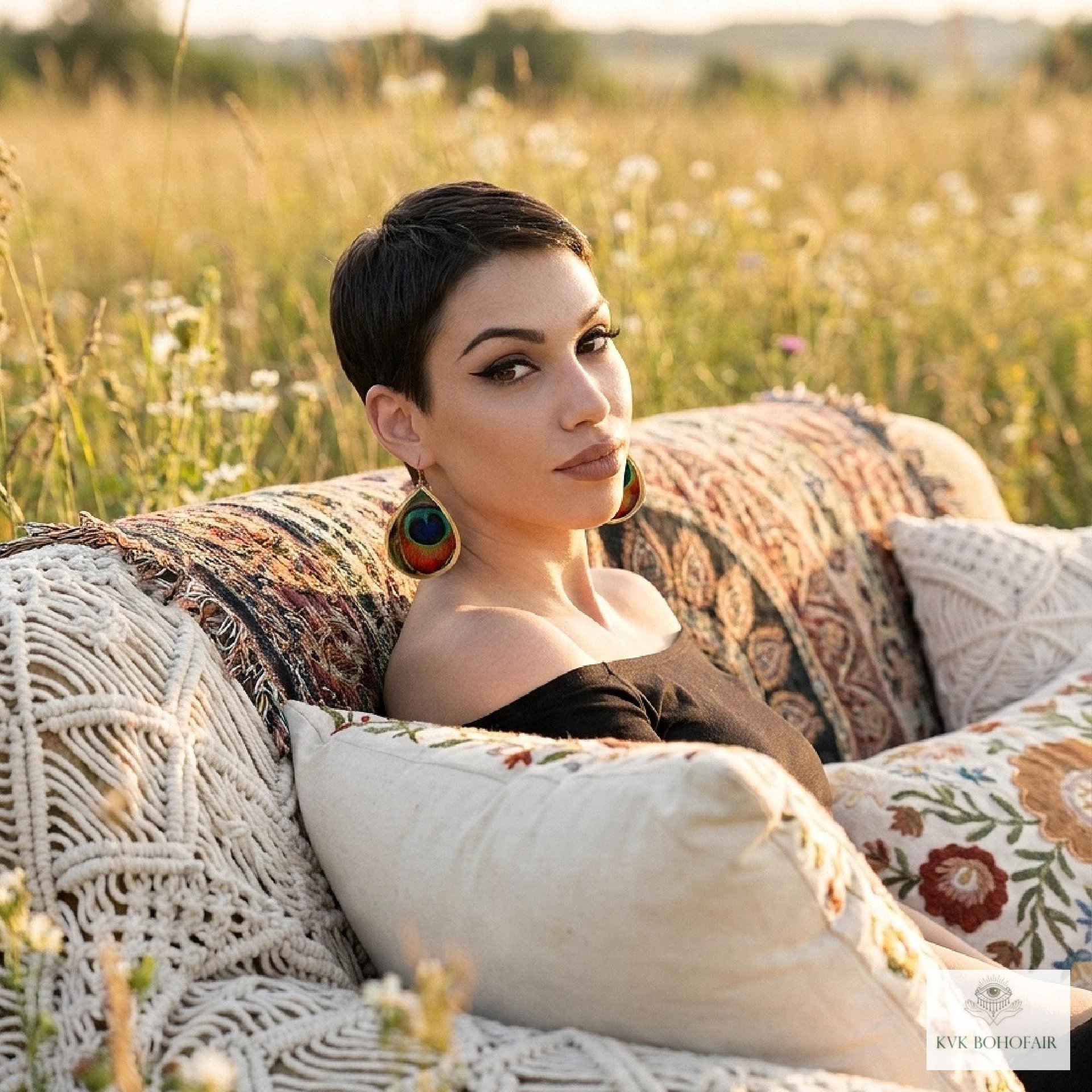 Peacock Feather Print Teardrop Earrings, Bohemian Gold Plated Dangles, Colorful Artisan Jewelry Drops