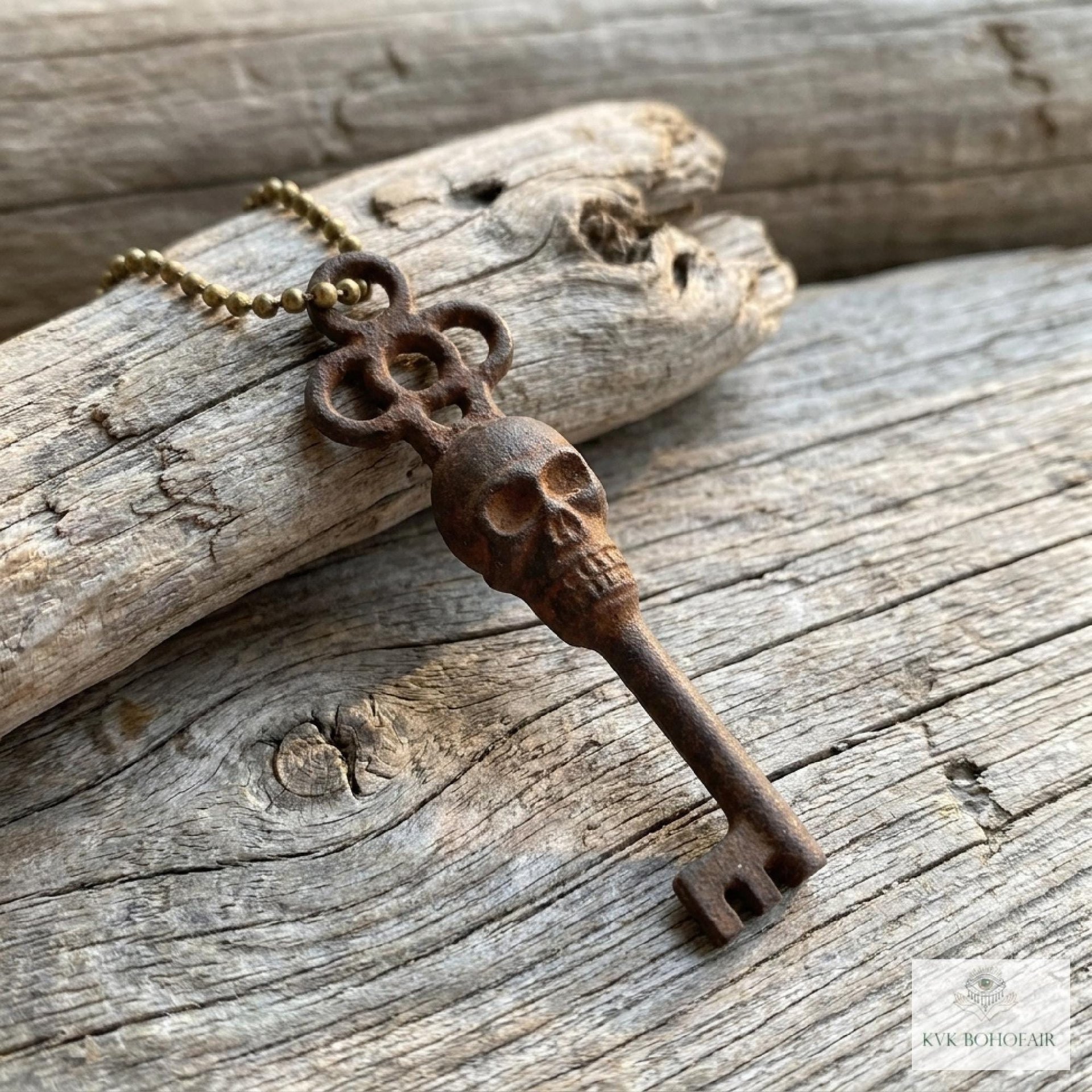 Gothic Skull Key Necklace - Antique Bronze Boho Pendant Chain