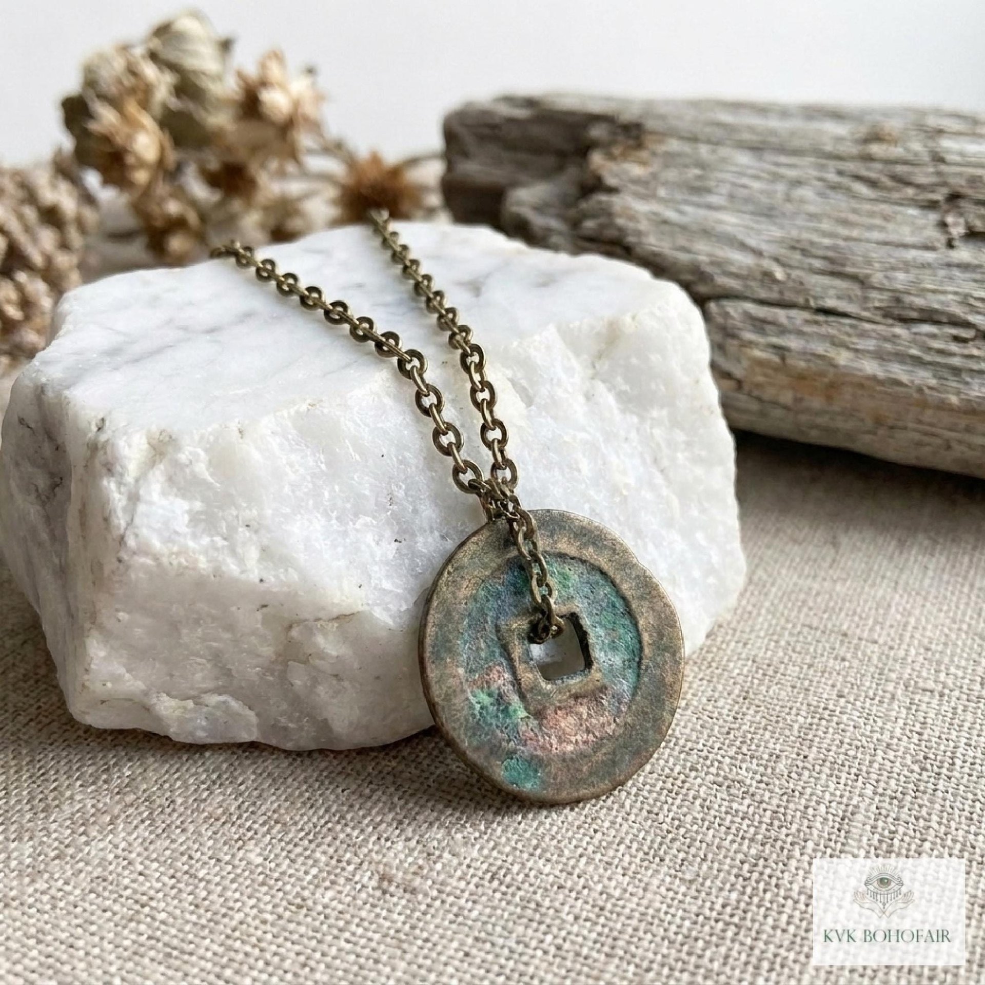 Antique Chinese Cash Coin Necklace, Feng Shui Good Fortune Pendant