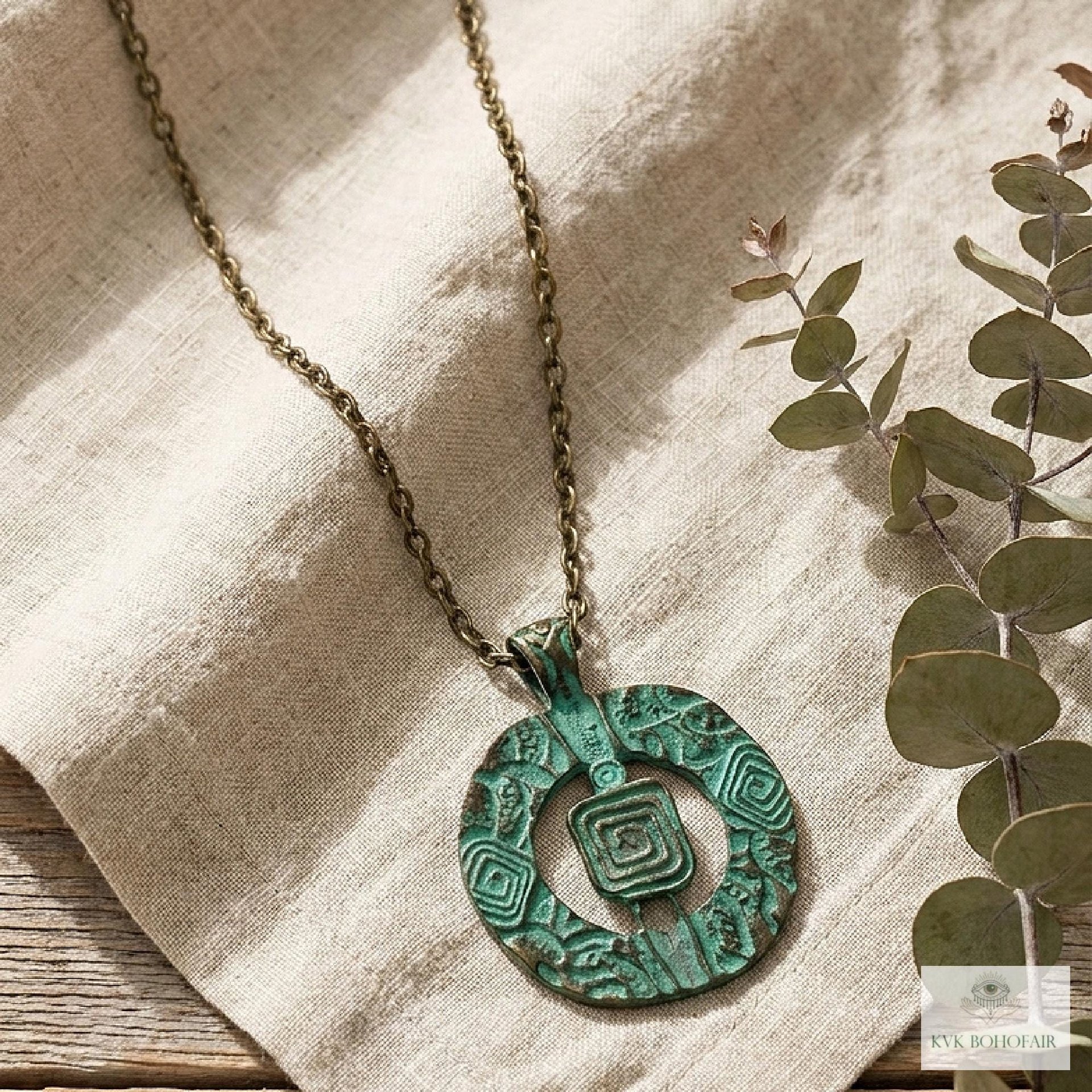 Brass Patina Circle Necklace, Boho Verdigris Pendant, Tribal Green Bronze Statement