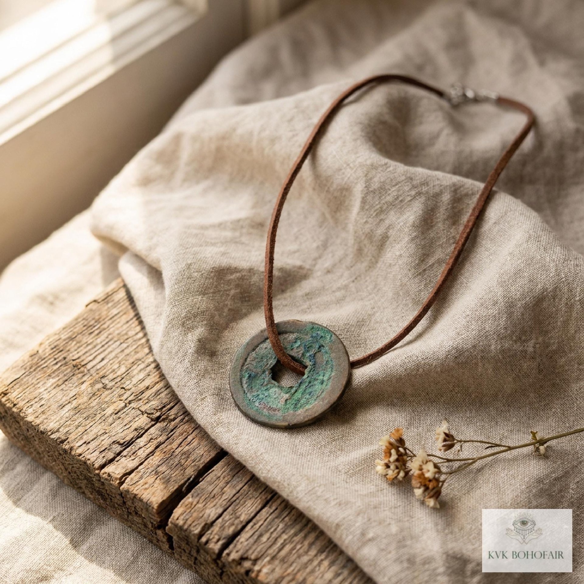 Antique Chinese Coin Choker, Brown Suede Boho Pendant Necklace