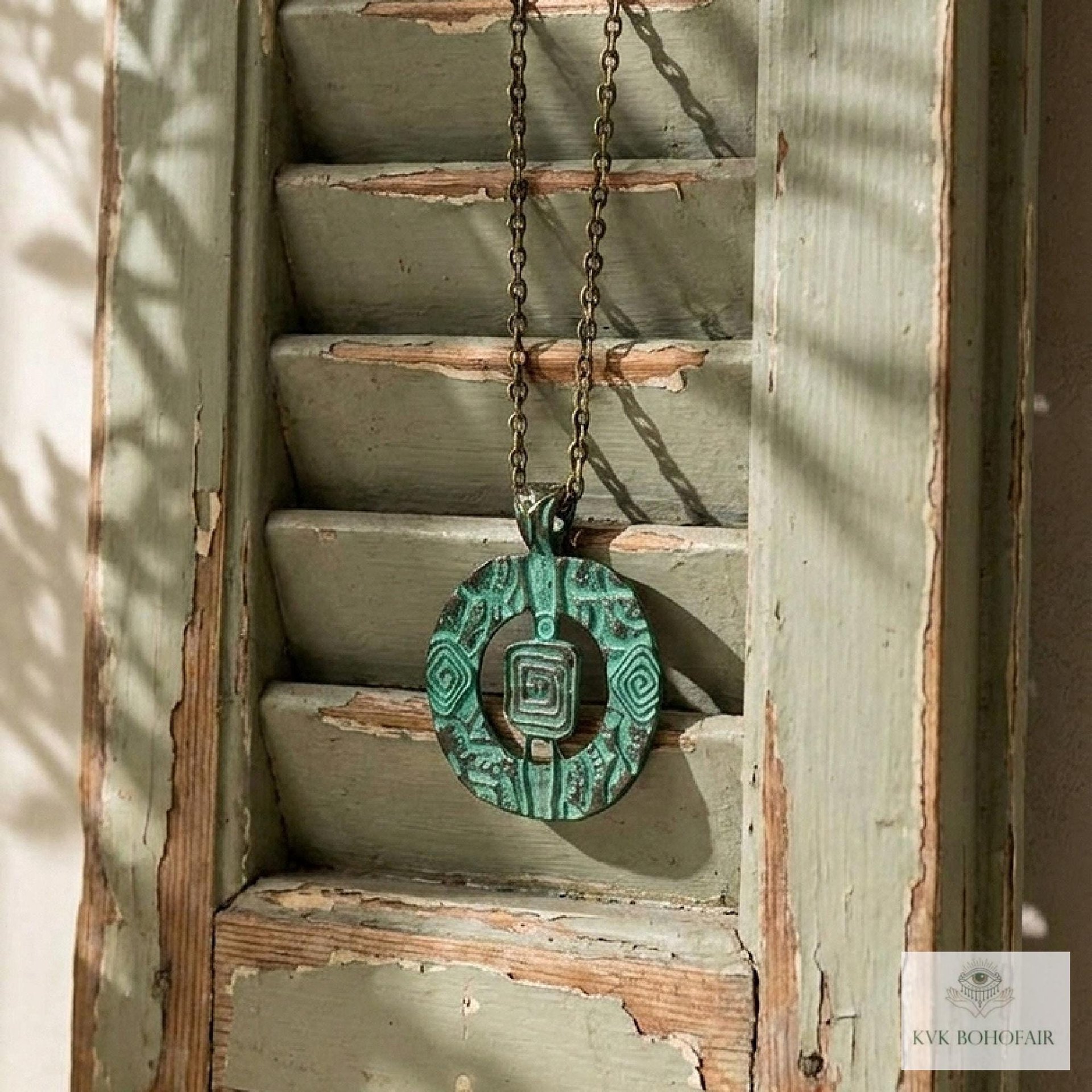 Brass Patina Circle Necklace, Boho Verdigris Pendant, Tribal Green Bronze Statement