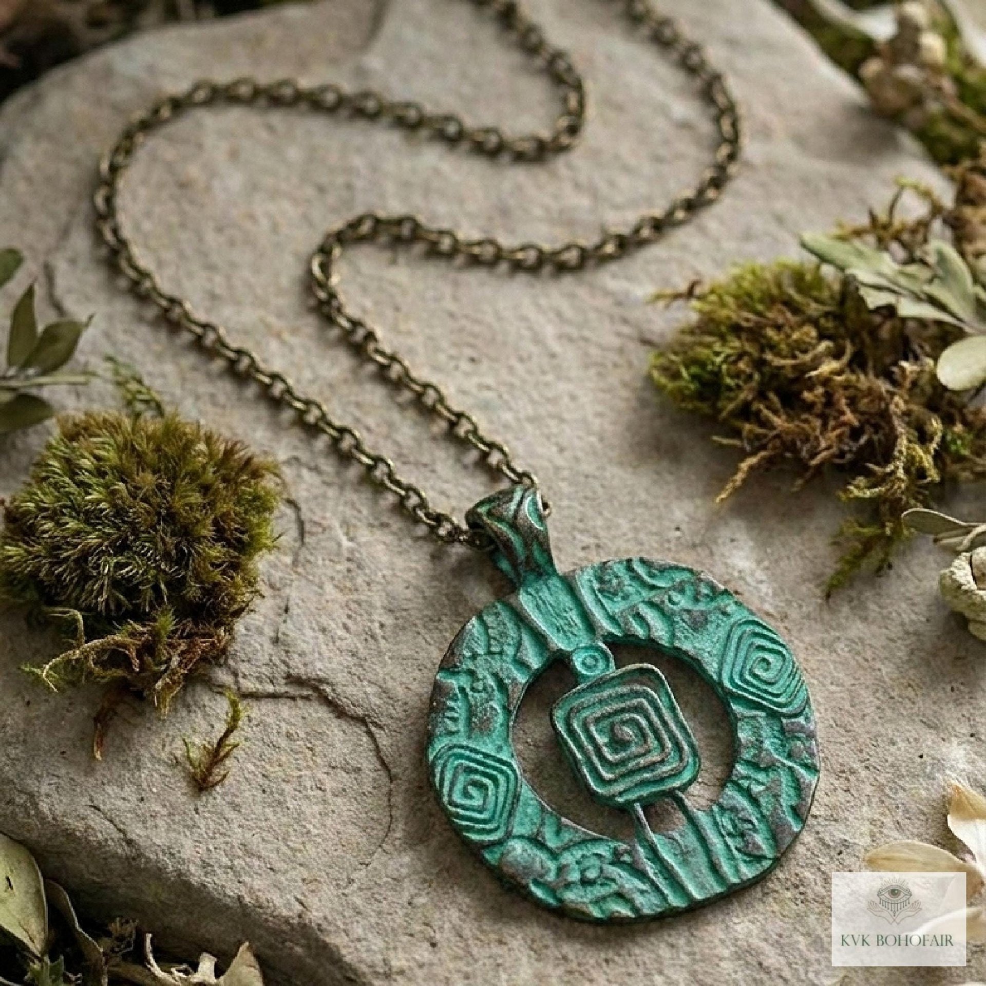 Brass Patina Circle Necklace, Boho Verdigris Pendant, Tribal Green Bronze Statement