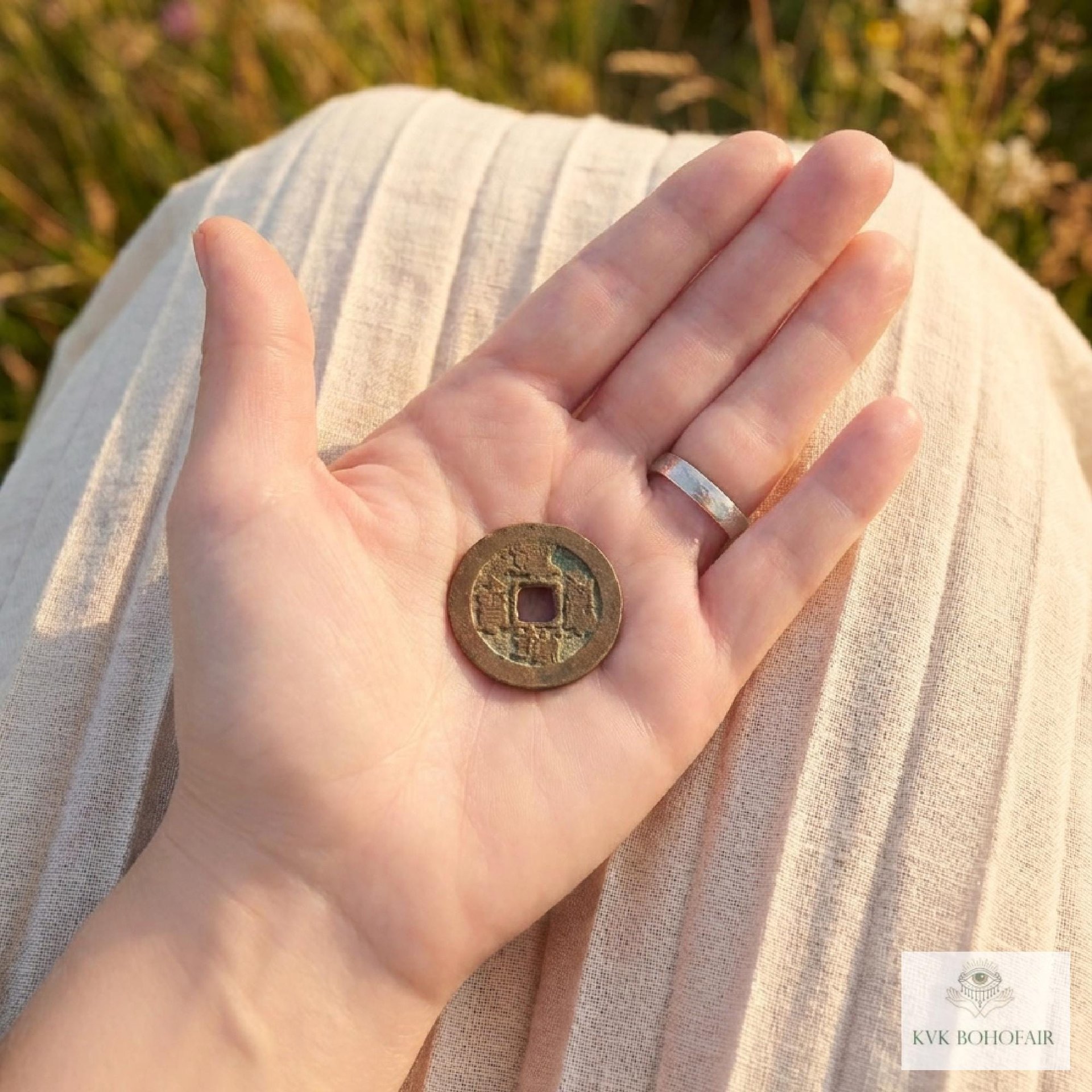 Antique Chinese Coin Choker, Brown Suede Boho Pendant Necklace