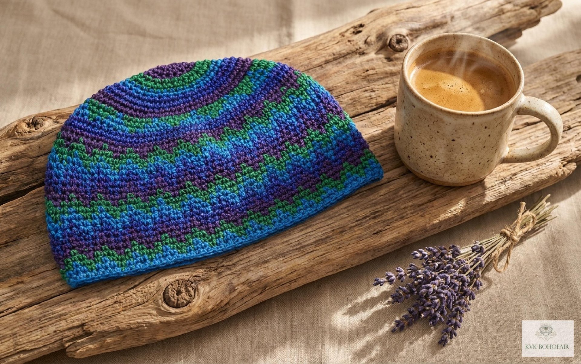 Blue Zig Zag Kufi Skull Cap - Crocheted Beanie Hat, Ethically sourced