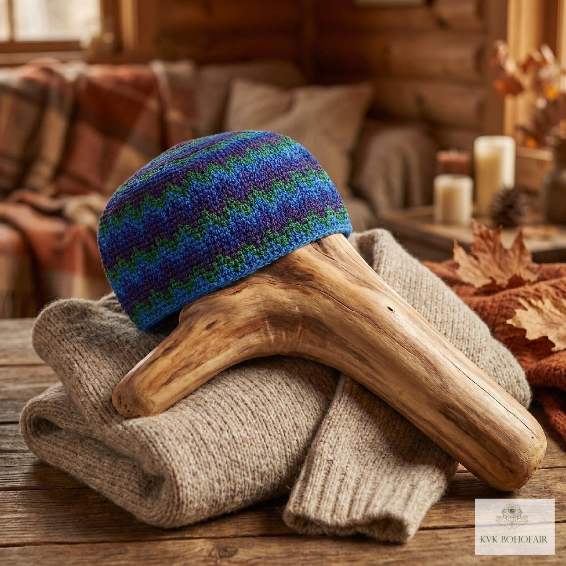 Blue Zig Zag Kufi Skull Cap - Crocheted Beanie Hat, Ethically sourced