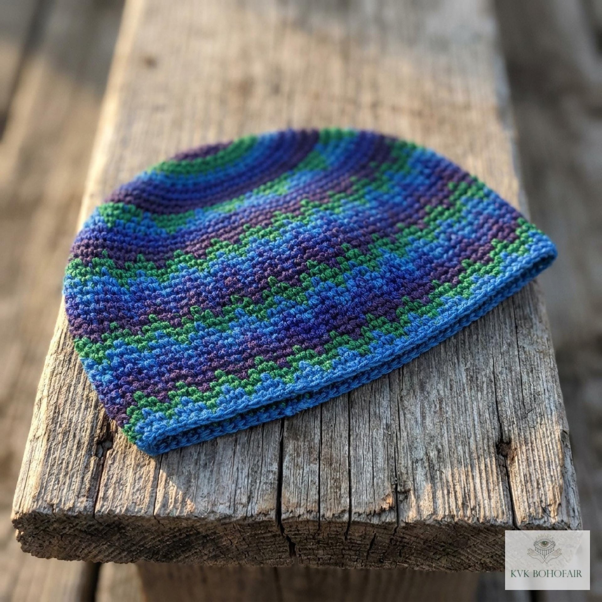 Blue Zig Zag Kufi Skull Cap - Crocheted Beanie Hat, Ethically sourced