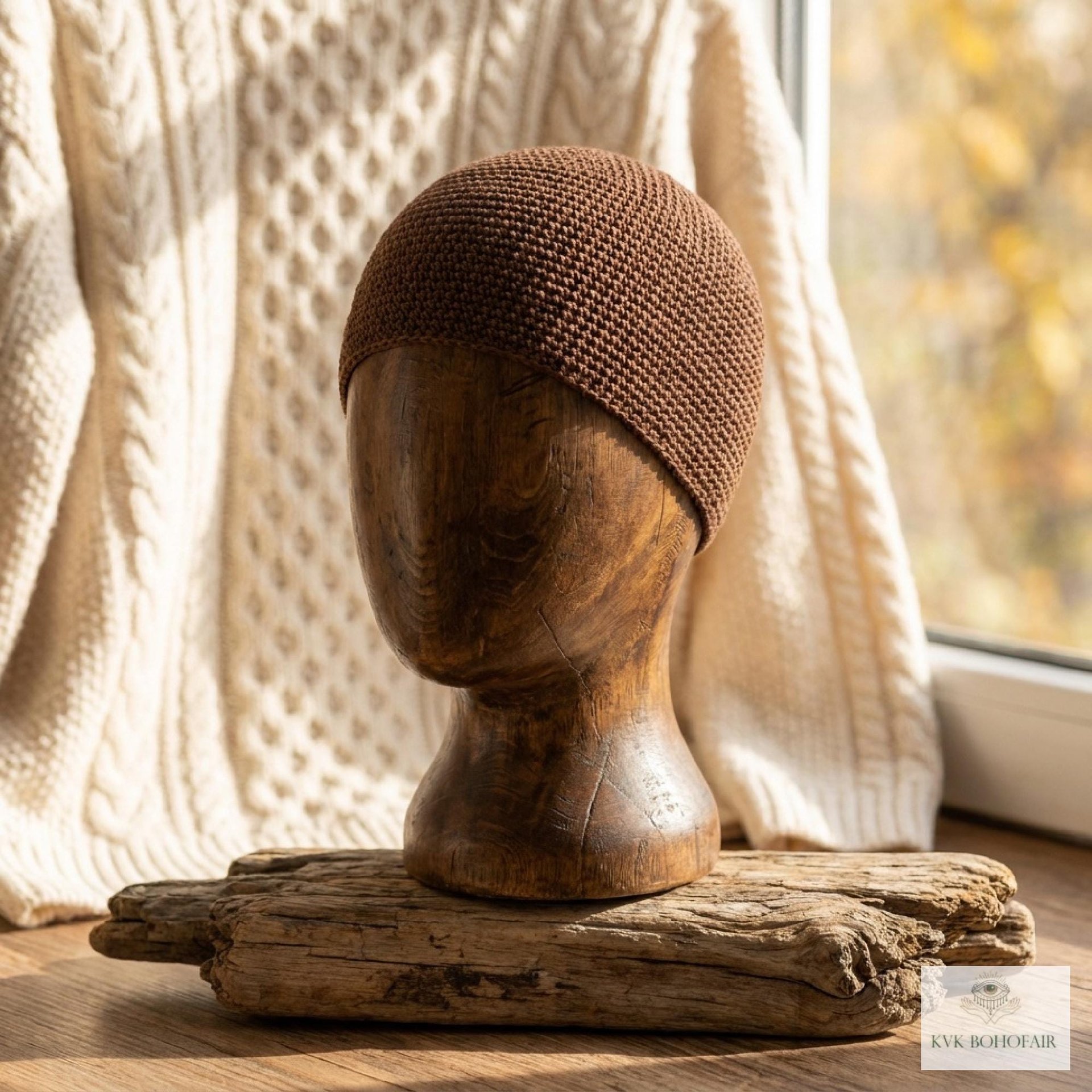 Brown Kufi Skull Cap - Crocheted Beanie Hat, Ethically sourced