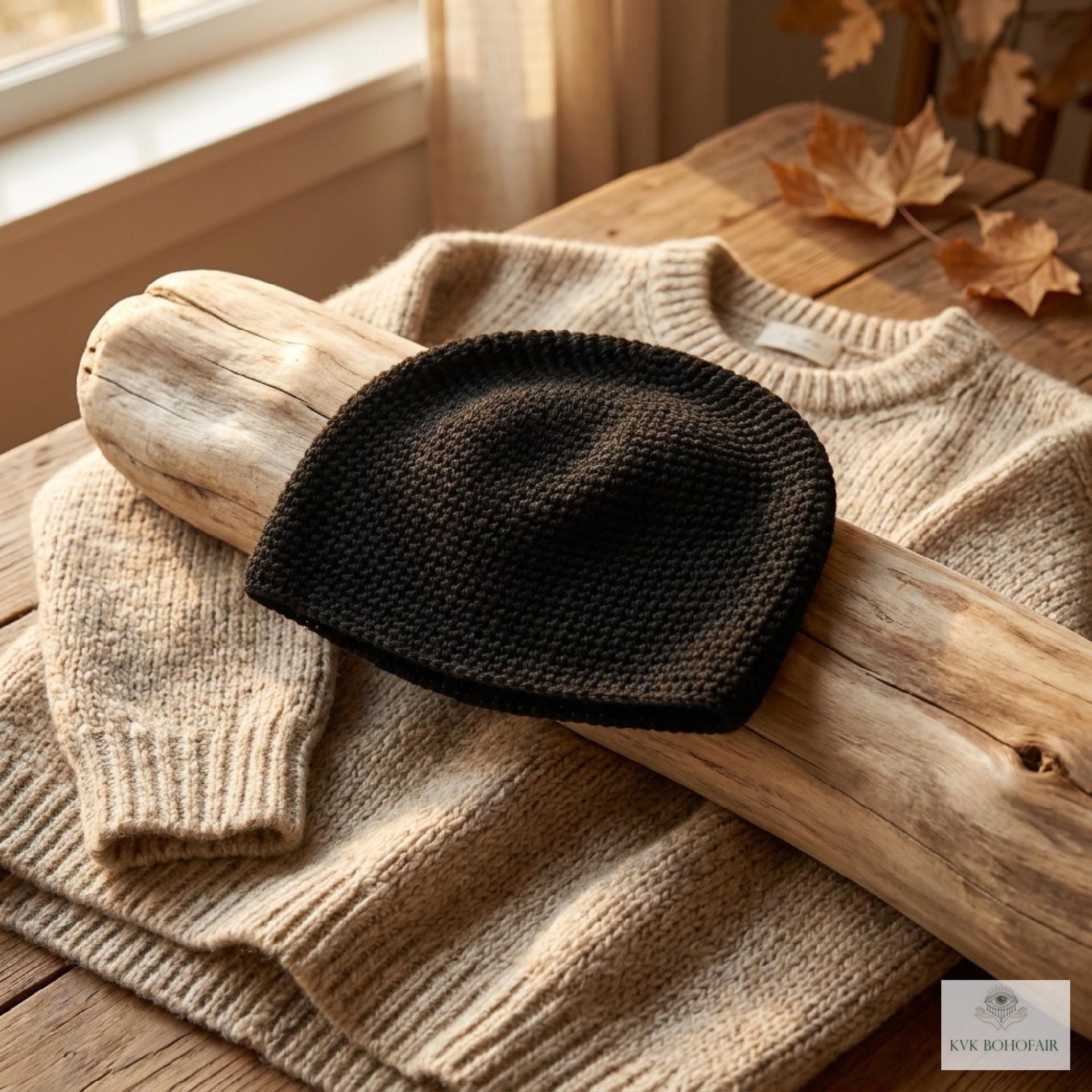 Black Kufi Skull Cap - Crocheted Beanie Hat, Ethically sourced