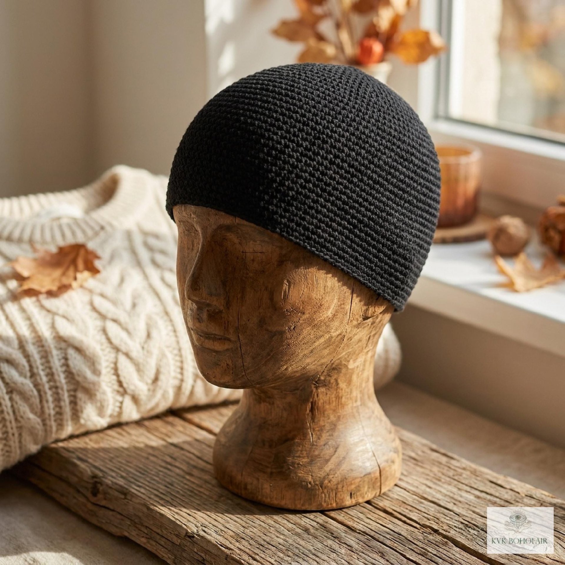 Black Kufi Skull Cap - Crocheted Beanie Hat, Ethically sourced
