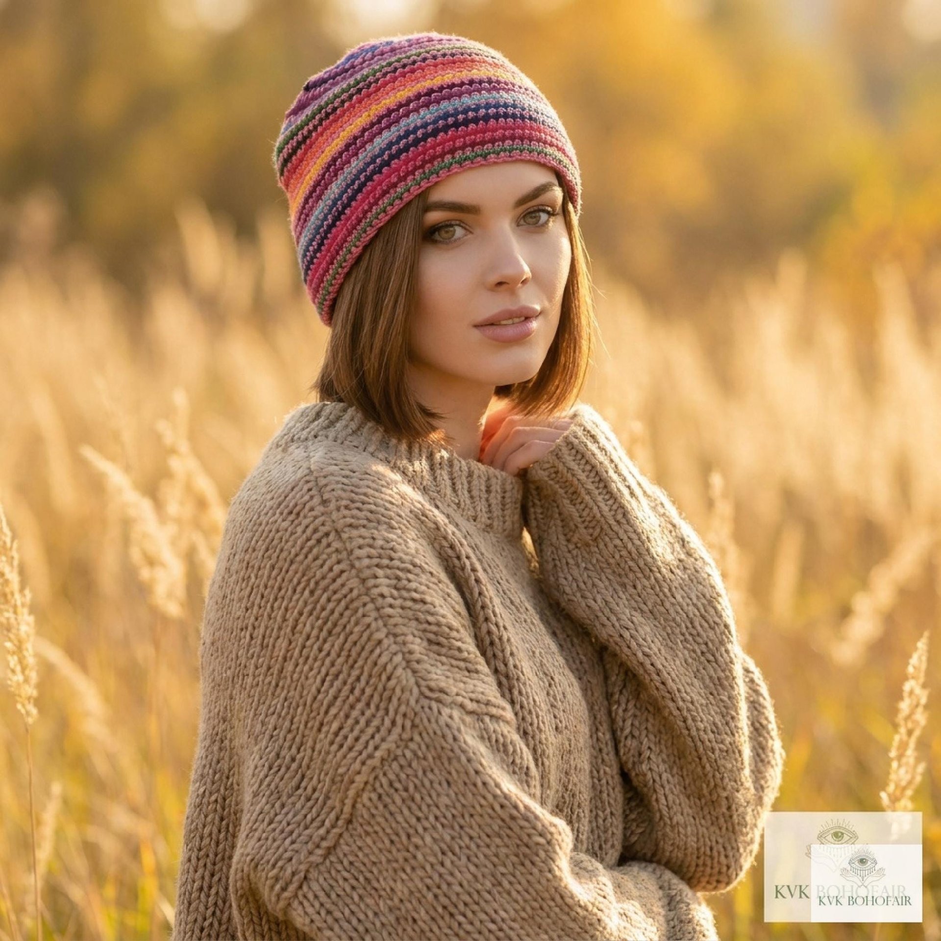 Pink Stripe Kufi Skull Cap - Crocheted Beanie Hat, Ethically sourced