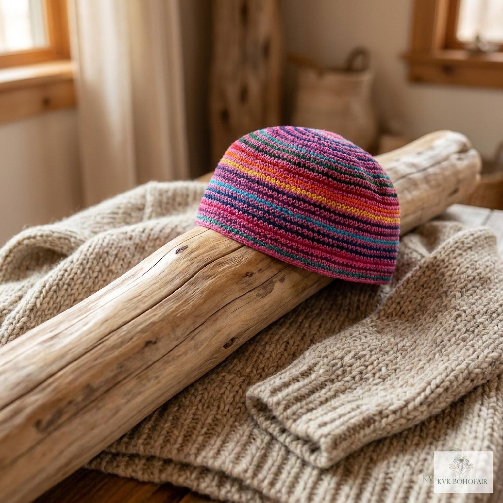 Pink Stripe Kufi Skull Cap - Crocheted Beanie Hat, Ethically sourced