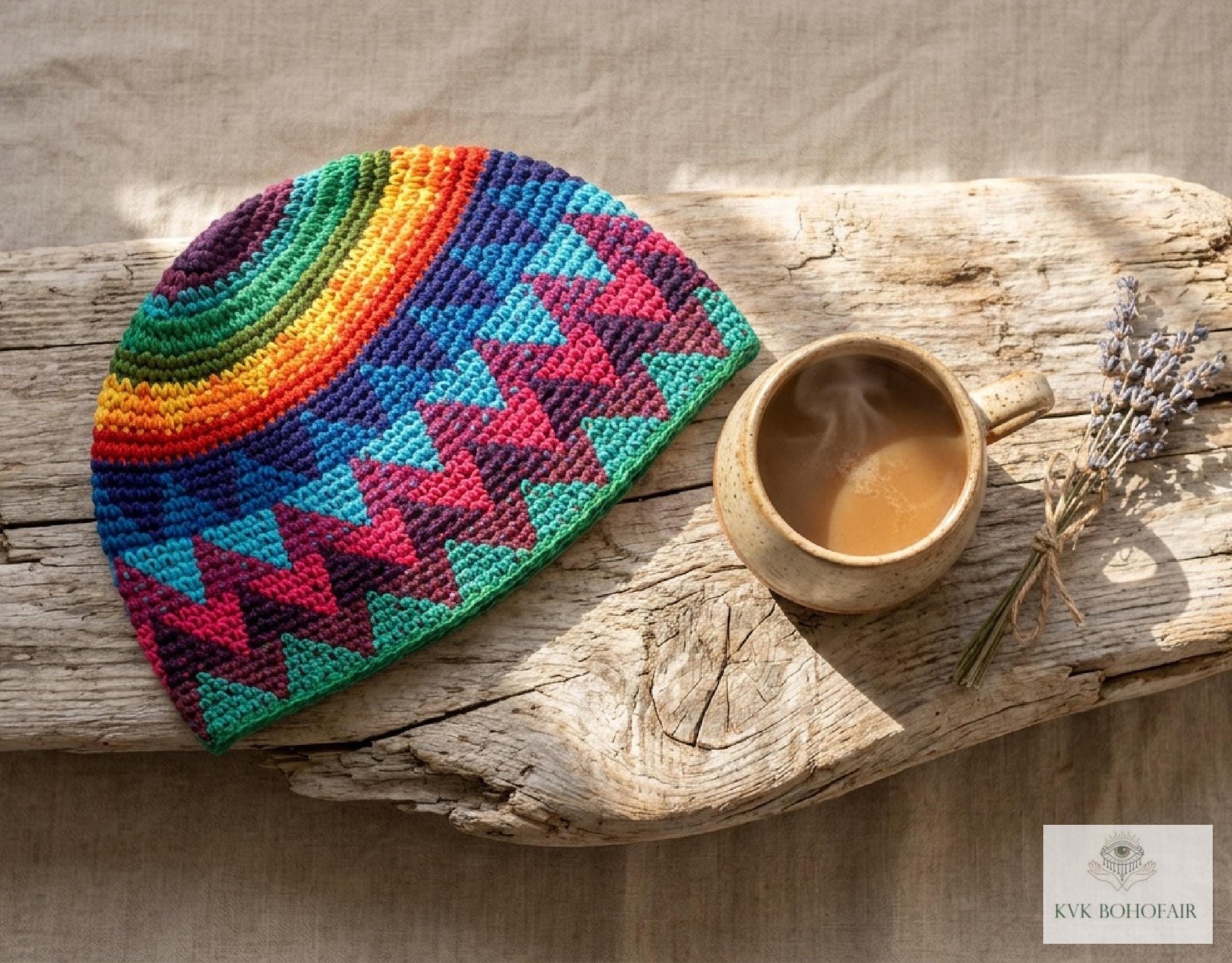 Rainbow Kufi Skull Cap - Crocheted Beanie Hat, Ethically sourced