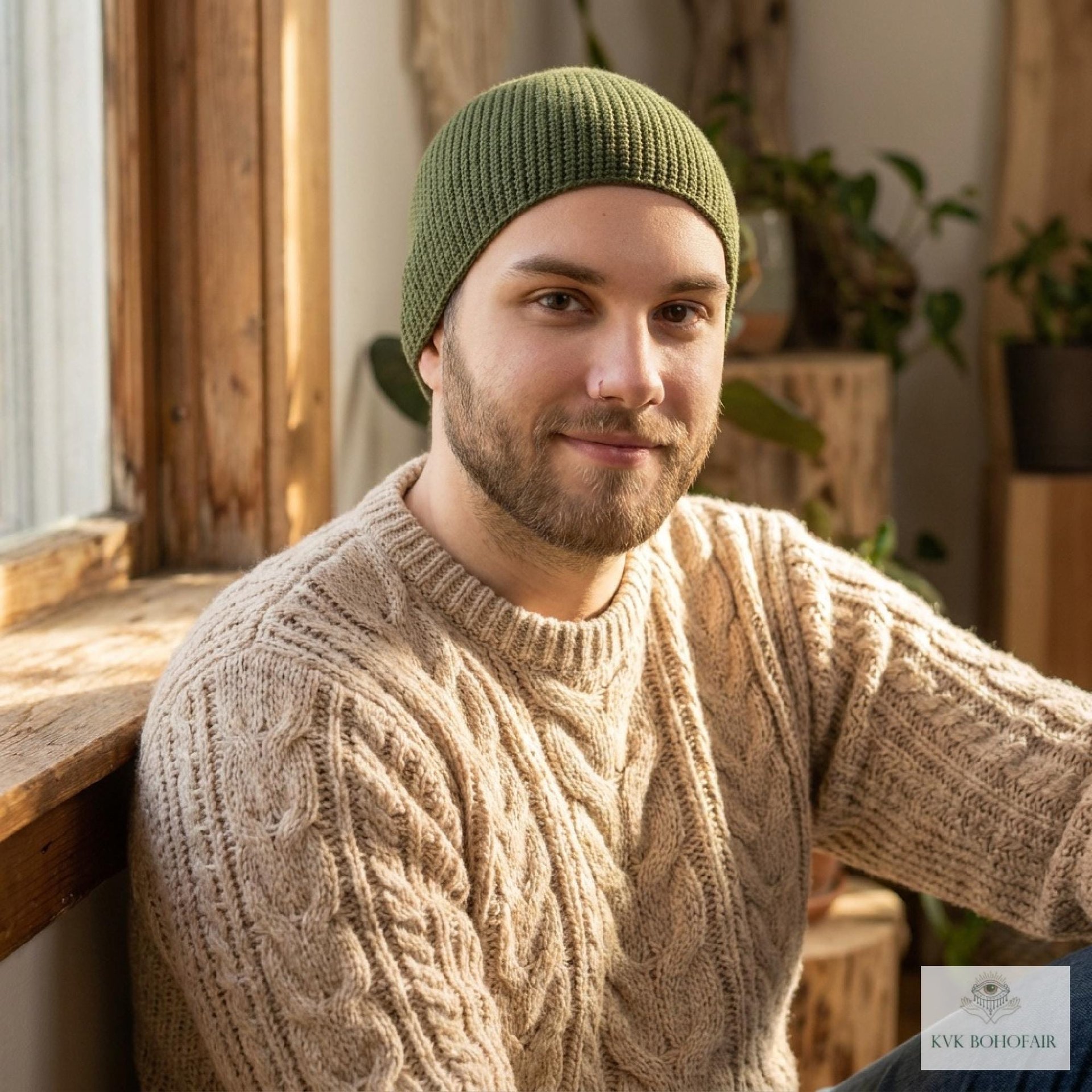 Olive Green Kufi Skull Cap - Crocheted Beanie Hat, Ethically sourced