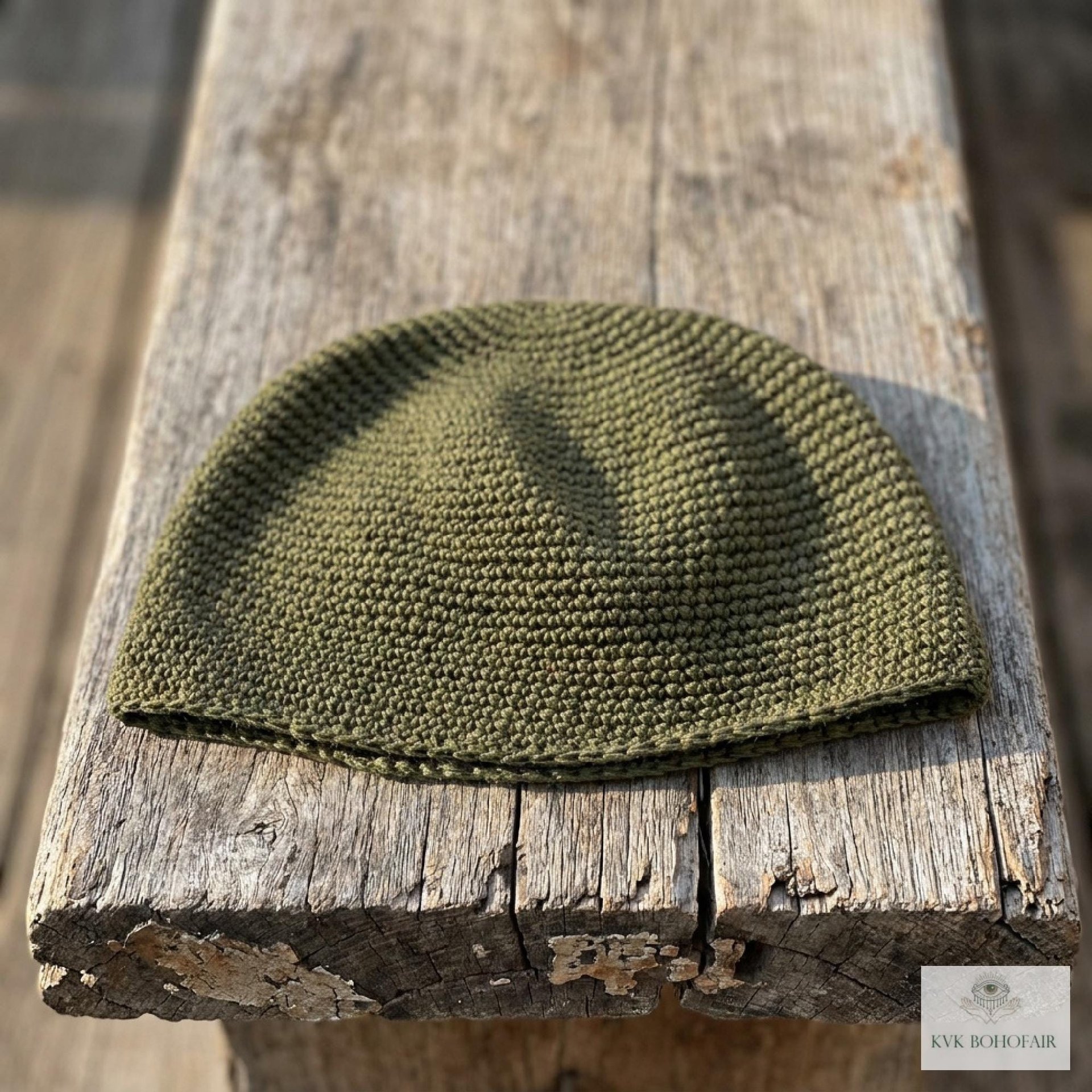 Olive Green Kufi Skull Cap - Crocheted Beanie Hat, Ethically sourced