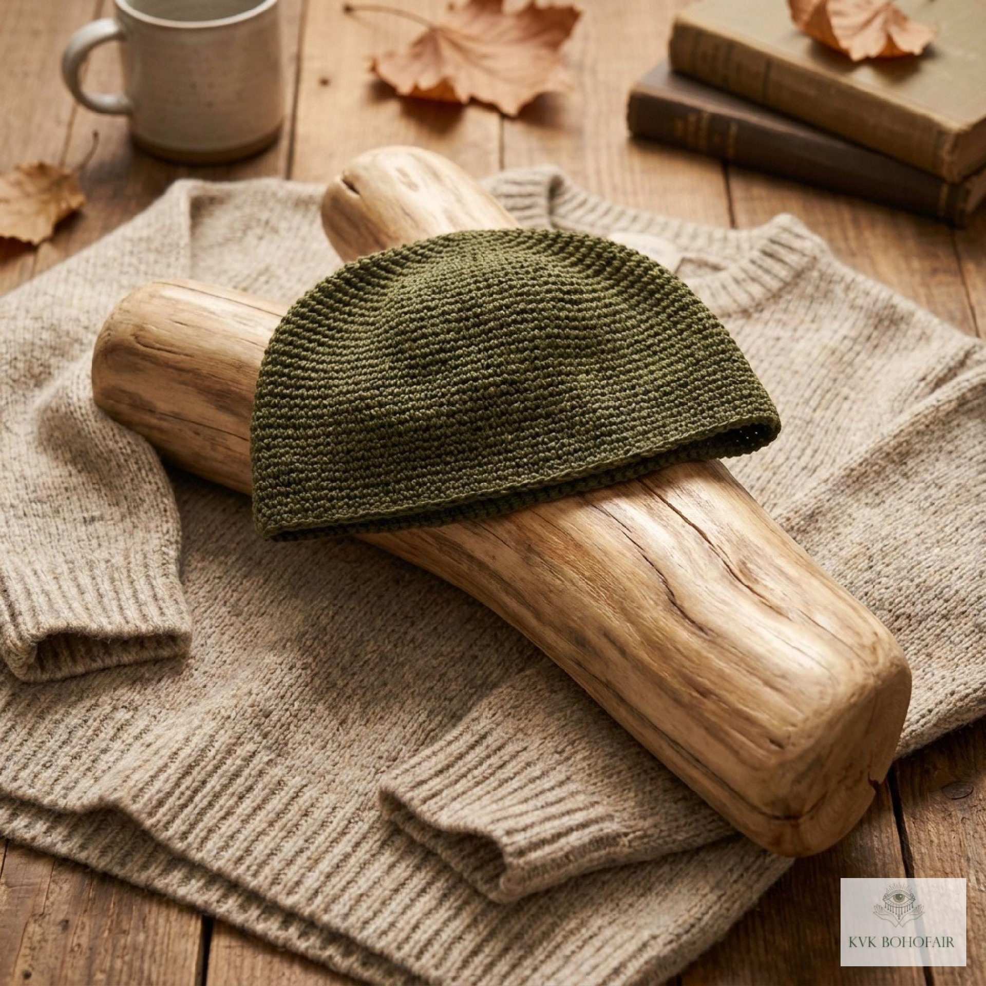 Olive Green Kufi Skull Cap - Crocheted Beanie Hat, Ethically sourced