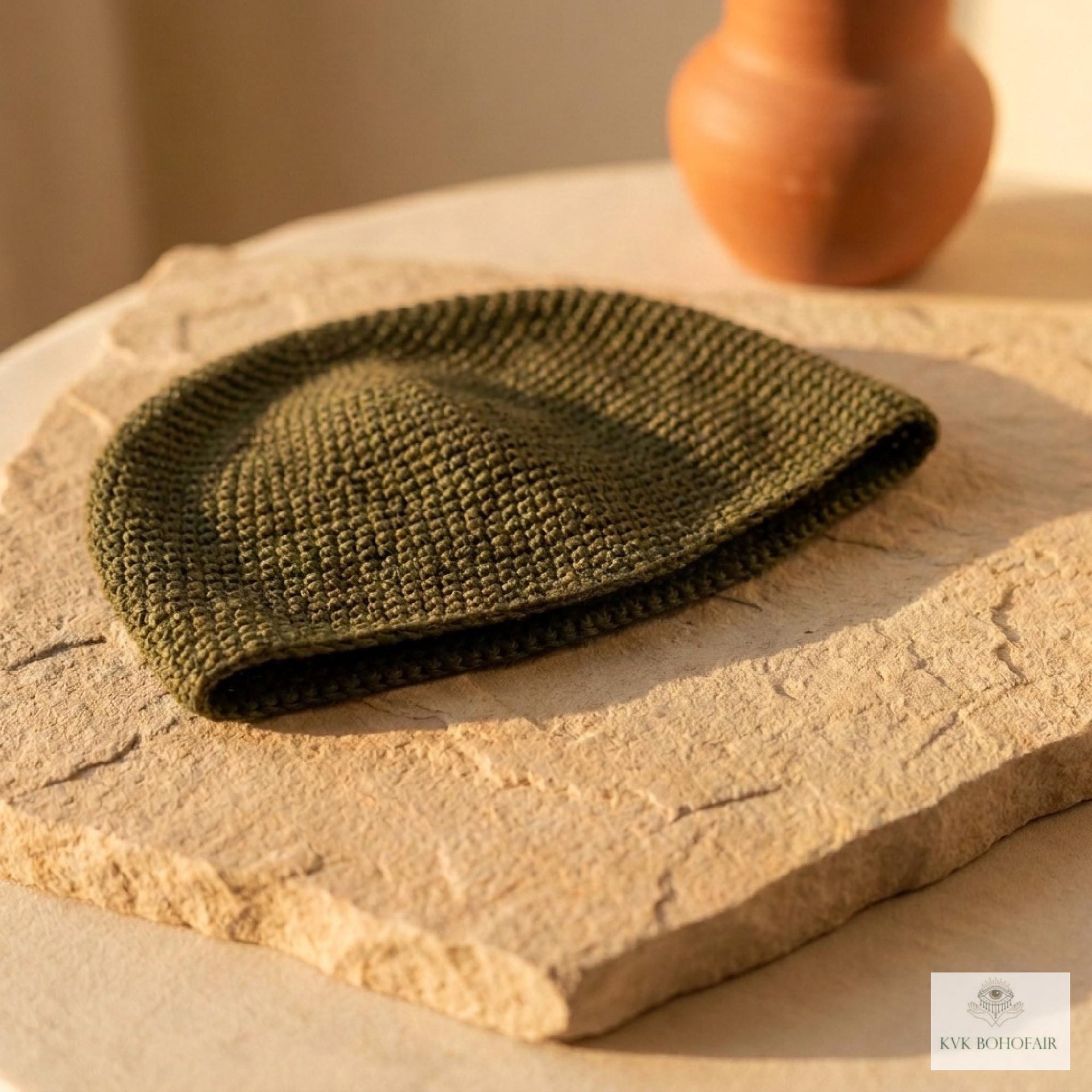 Olive Green Kufi Skull Cap - Crocheted Beanie Hat, Ethically sourced