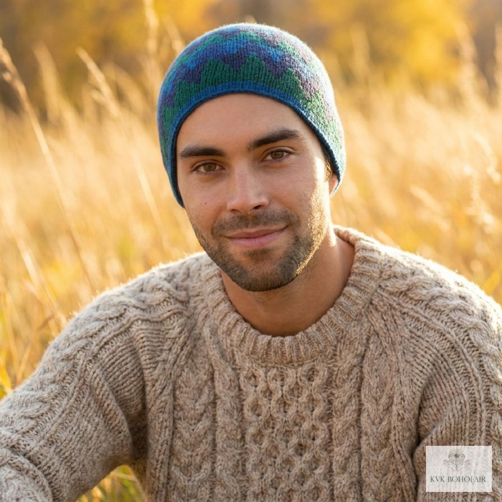 Blue Zig Zag Kufi Skull Cap - Crocheted Beanie Hat, Ethically sourced