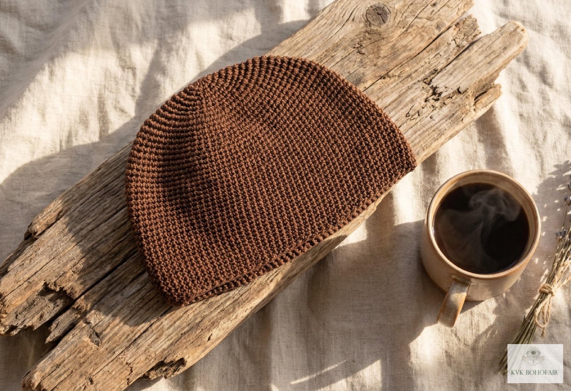 Brown Kufi Skull Cap - Crocheted Beanie Hat, Ethically sourced