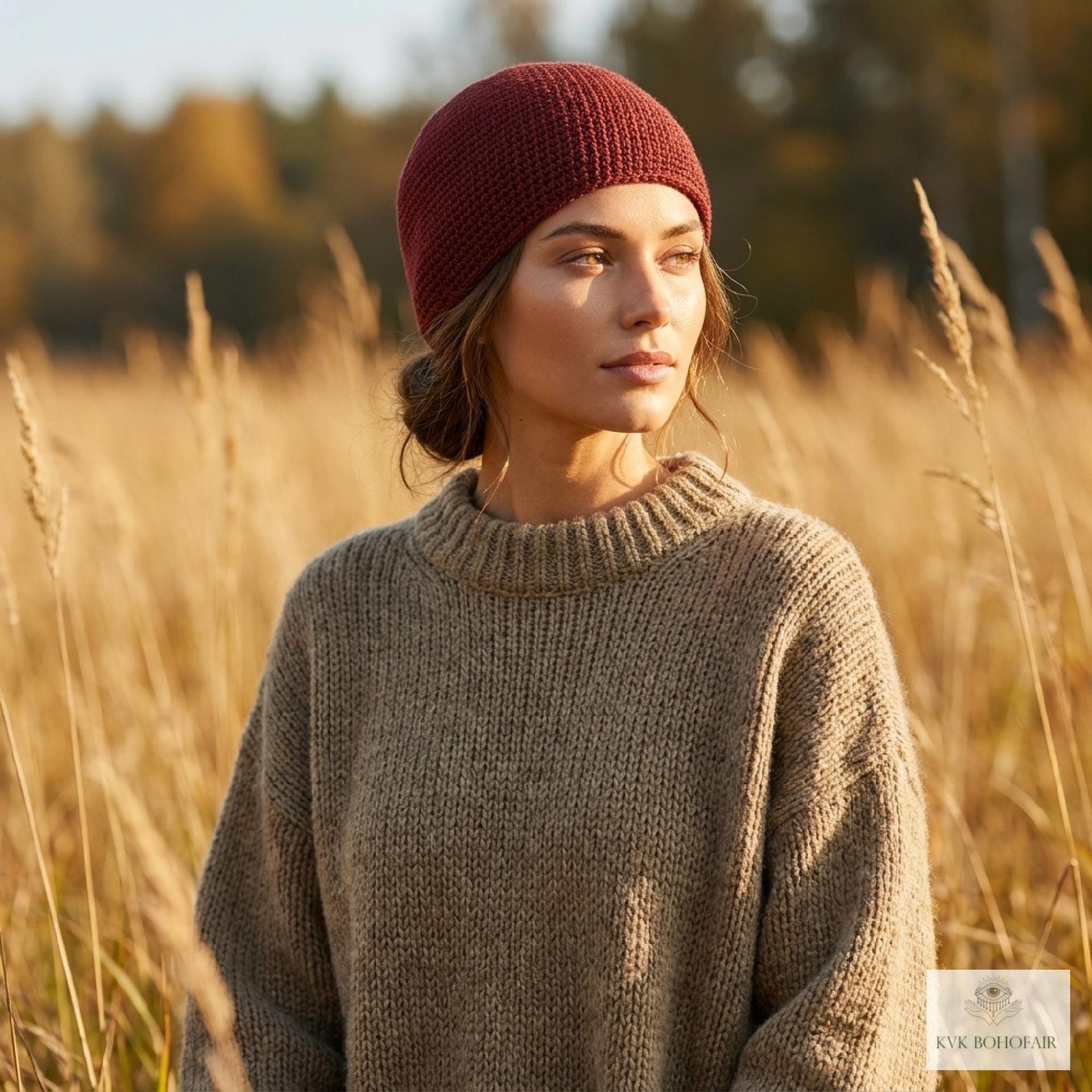 Maroon Kufi Skull Cap - Crocheted Beanie Hat, Ethically sourced