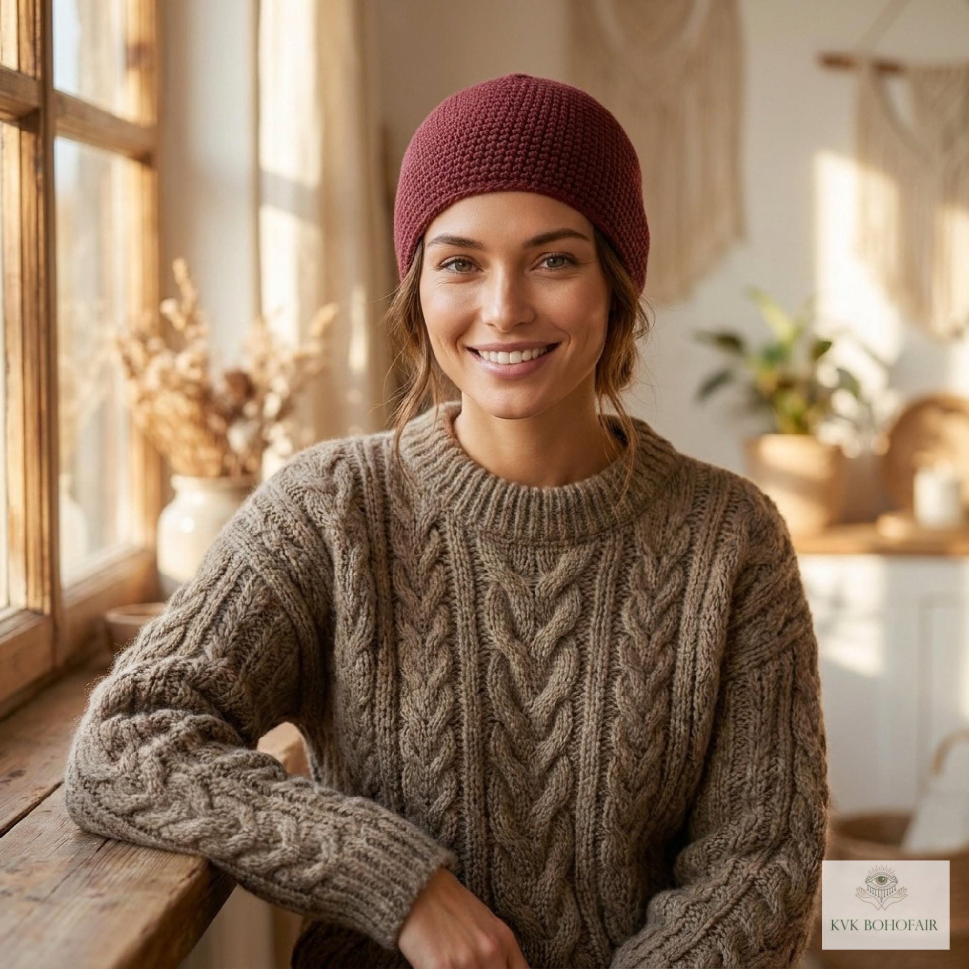 Maroon Kufi Skull Cap - Crocheted Beanie Hat, Ethically sourced