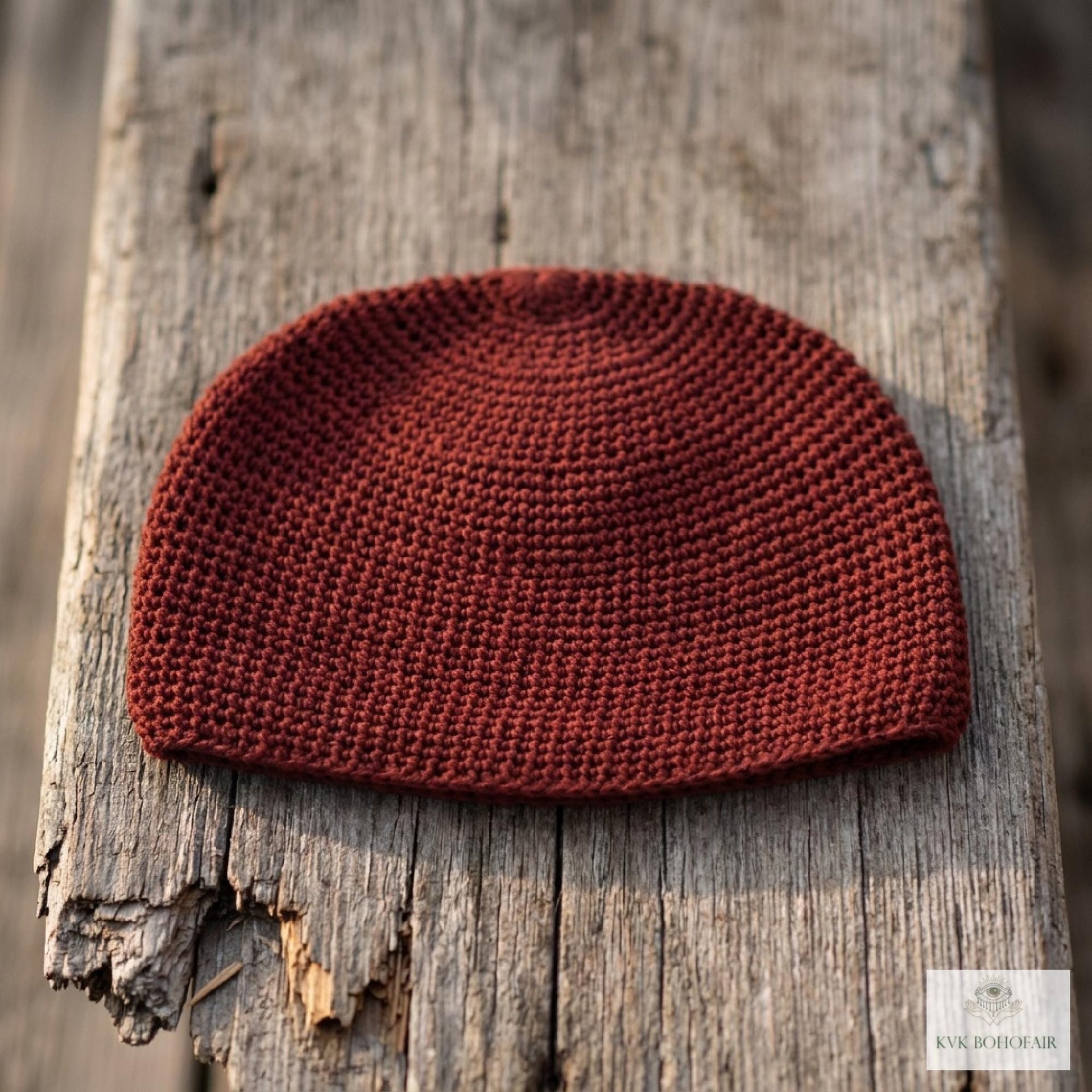 Maroon Kufi Skull Cap - Crocheted Beanie Hat, Ethically sourced