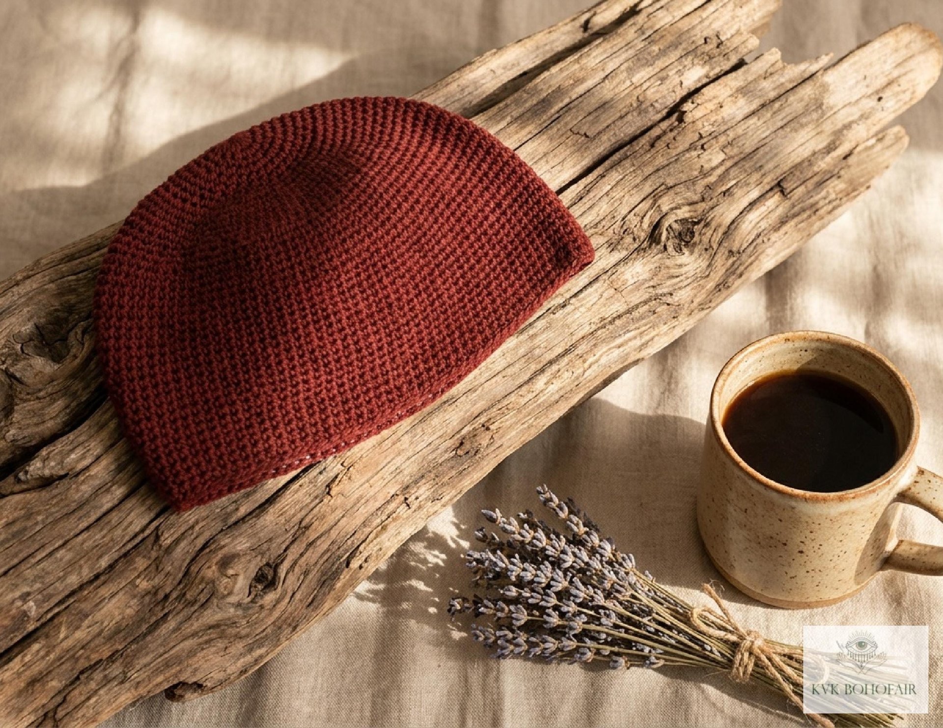 Maroon Kufi Skull Cap - Crocheted Beanie Hat, Ethically sourced