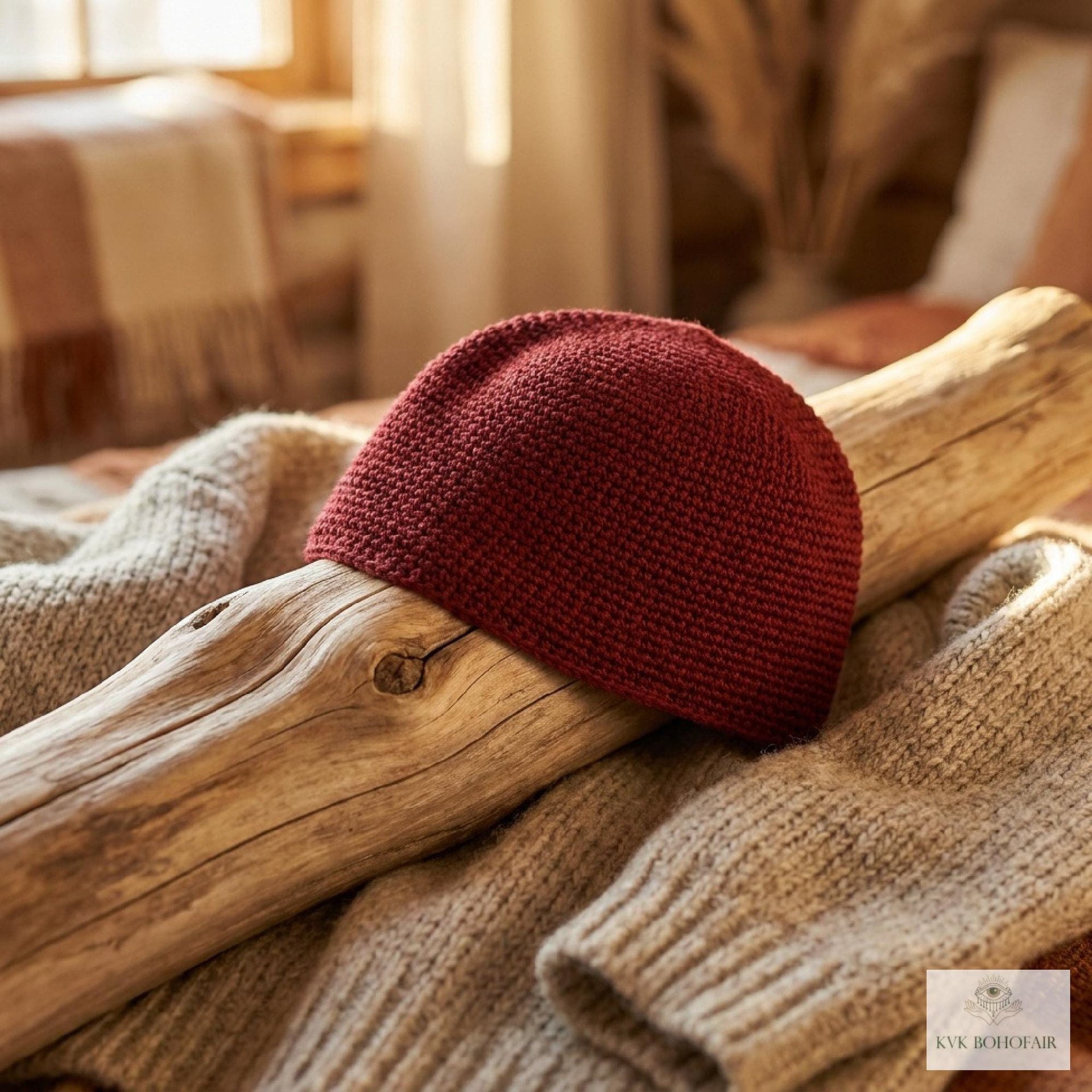 Maroon Kufi Skull Cap - Crocheted Beanie Hat, Ethically sourced