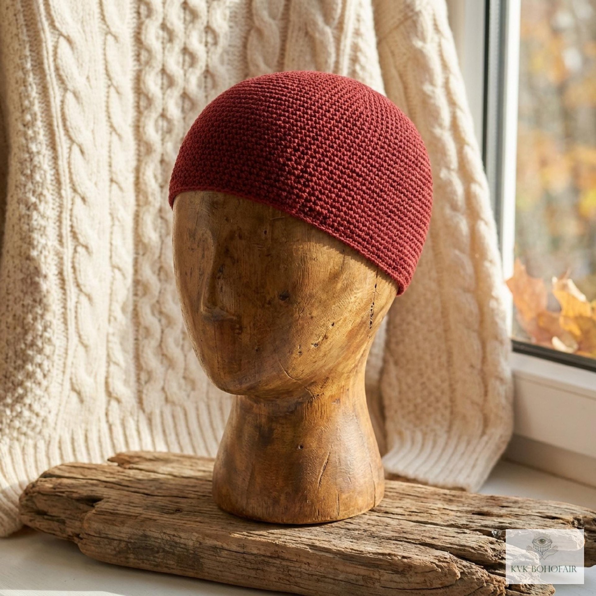 Maroon Kufi Skull Cap - Crocheted Beanie Hat, Ethically sourced