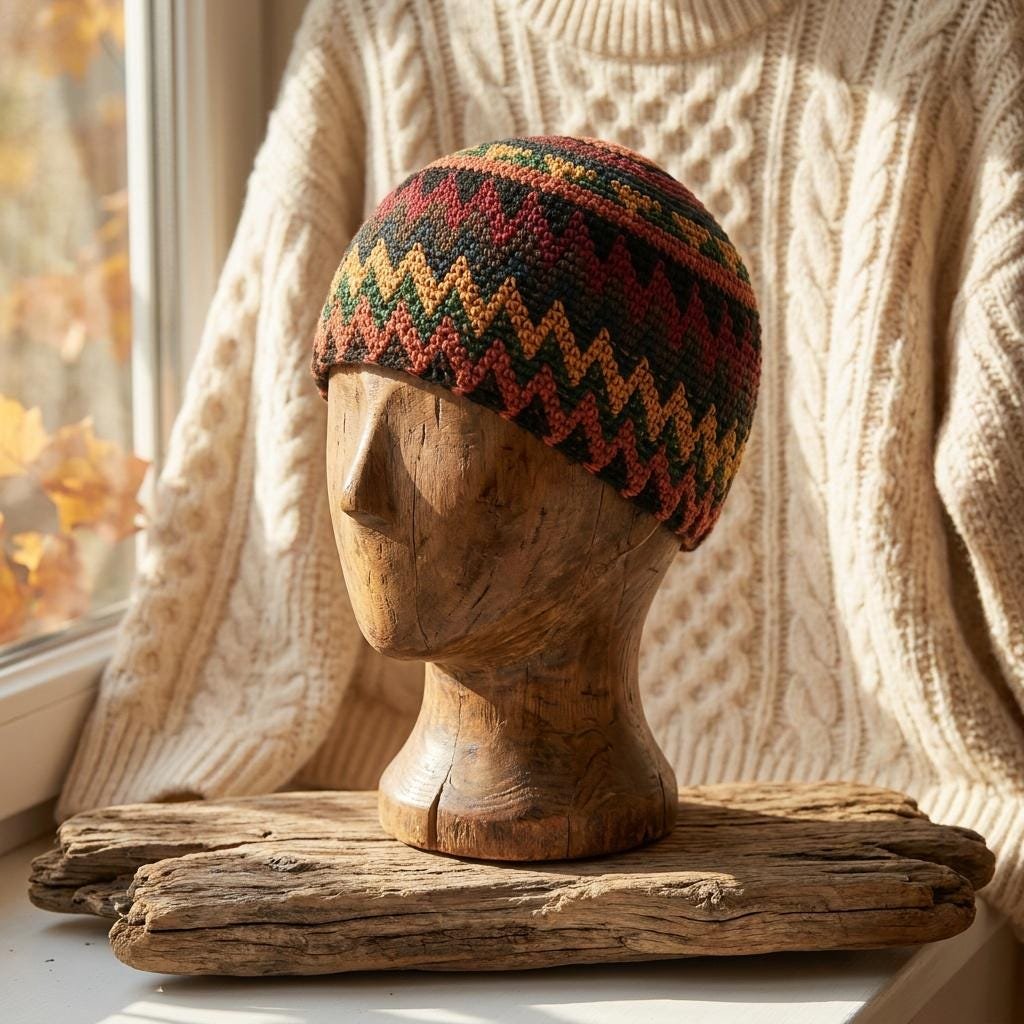 Earth Zig Zag Kufi Skull Cap - Crocheted Beanie Hat, Ethically sourced