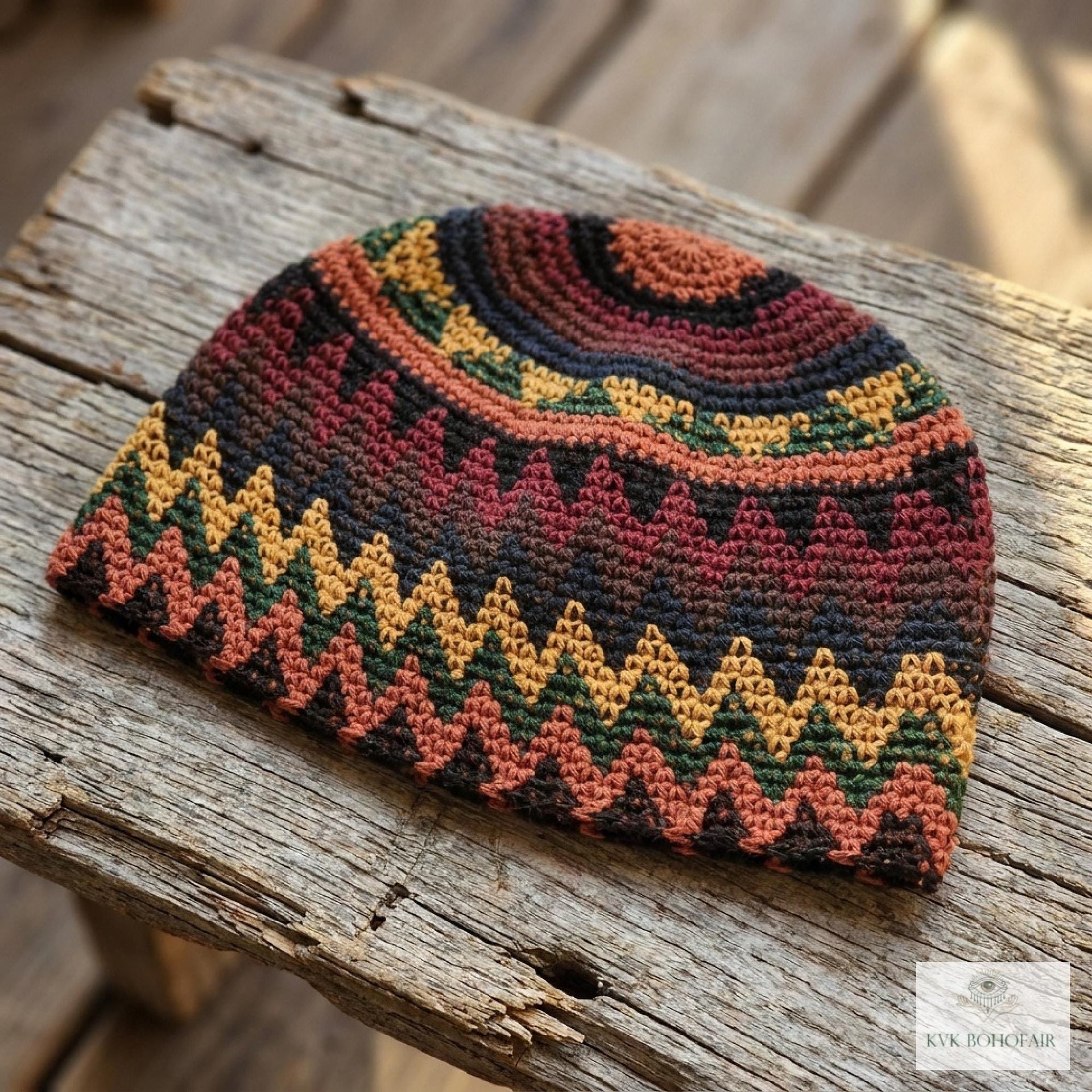 Earth Zig Zag Kufi Skull Cap - Crocheted Beanie Hat, Ethically sourced