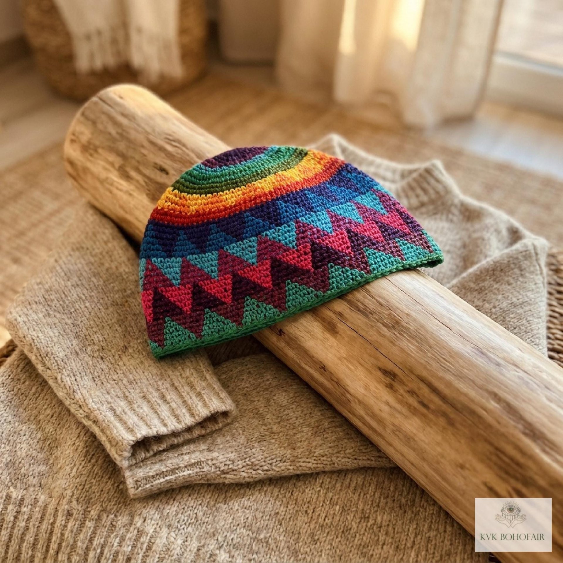 Rainbow Kufi Skull Cap - Crocheted Beanie Hat, Ethically sourced