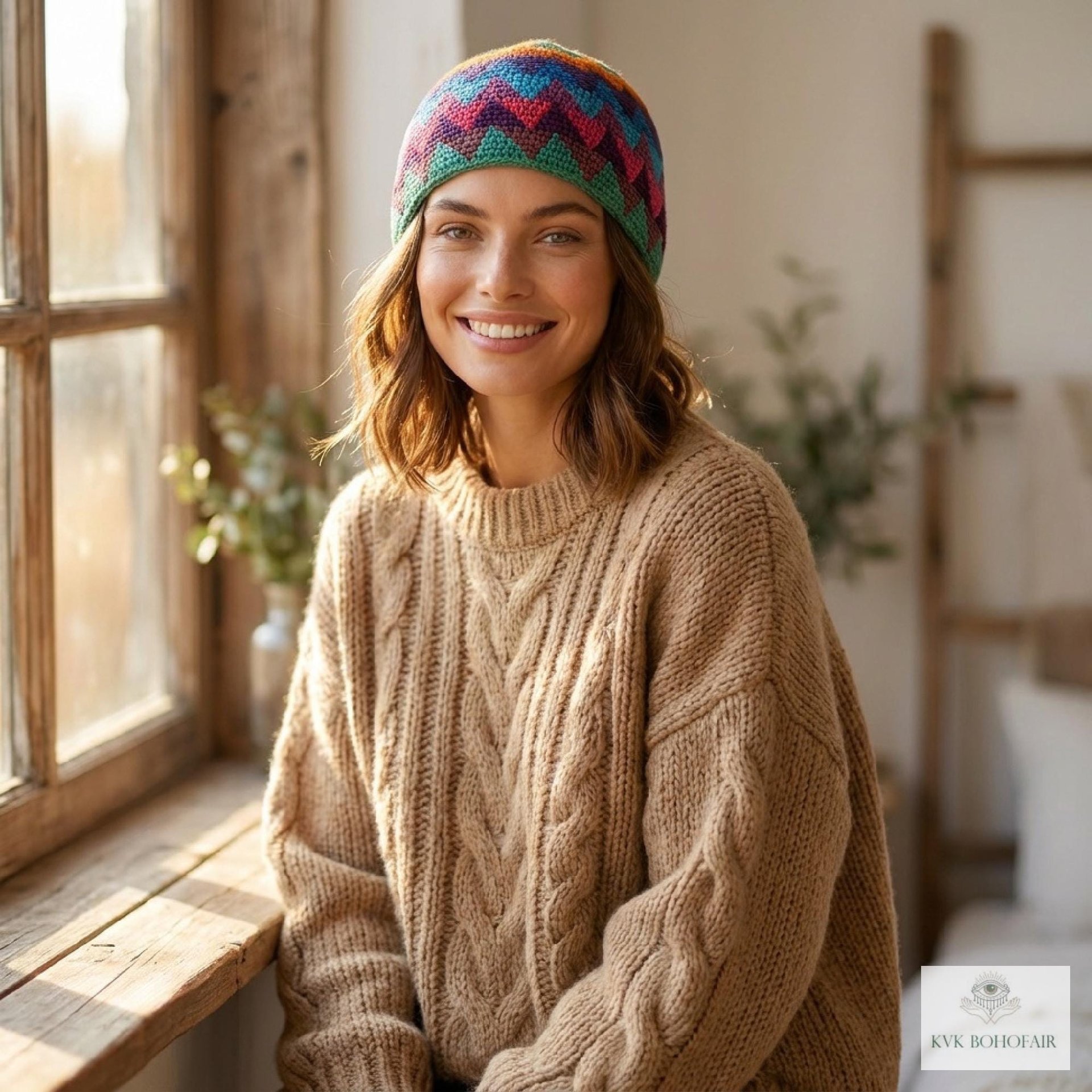 Rainbow Kufi Skull Cap - Crocheted Beanie Hat, Ethically sourced