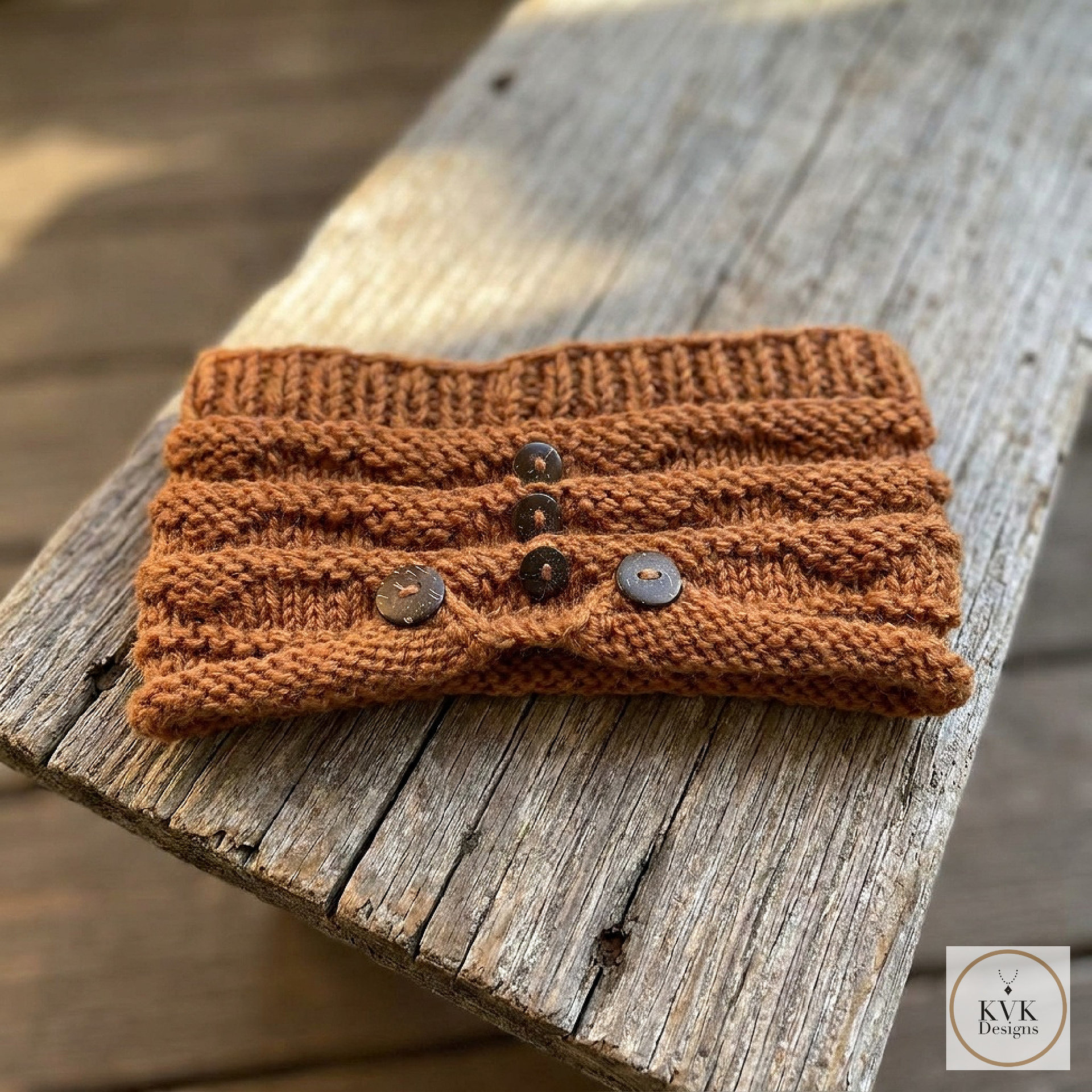 Hand-Knit Orange Wool Headband with Buttons - Cozy Ear Warmer for Women